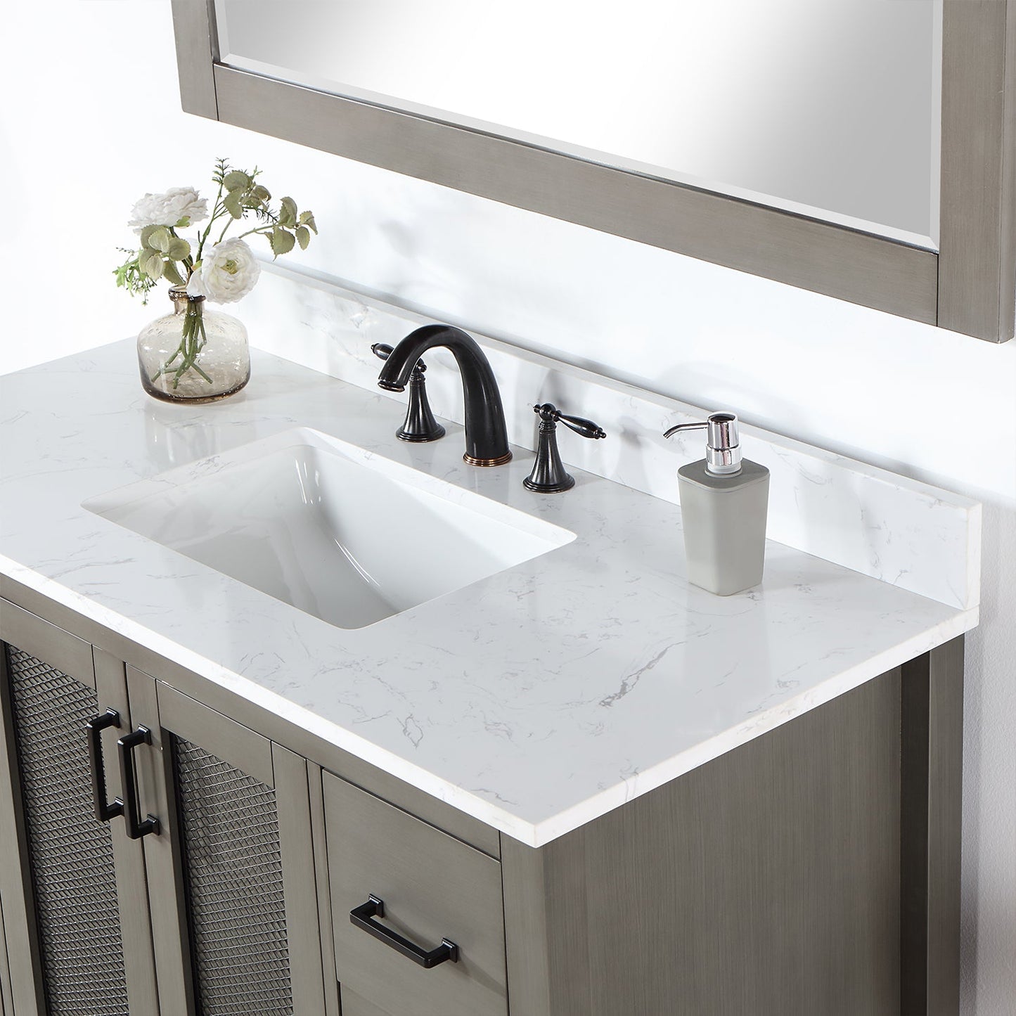 Hadiya 48" Single Bathroom Vanity Set in Gray Pine with Aosta White Engineered Stone Countertop with Mirror