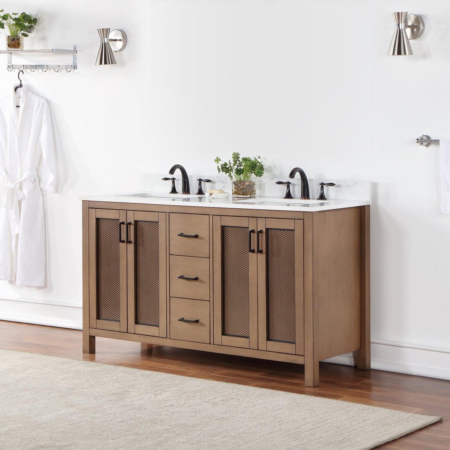 Hadiya 60" Double Bathroom Vanity Set in Brown Pine with Aosta White Engineered Stone Countertop without Mirror