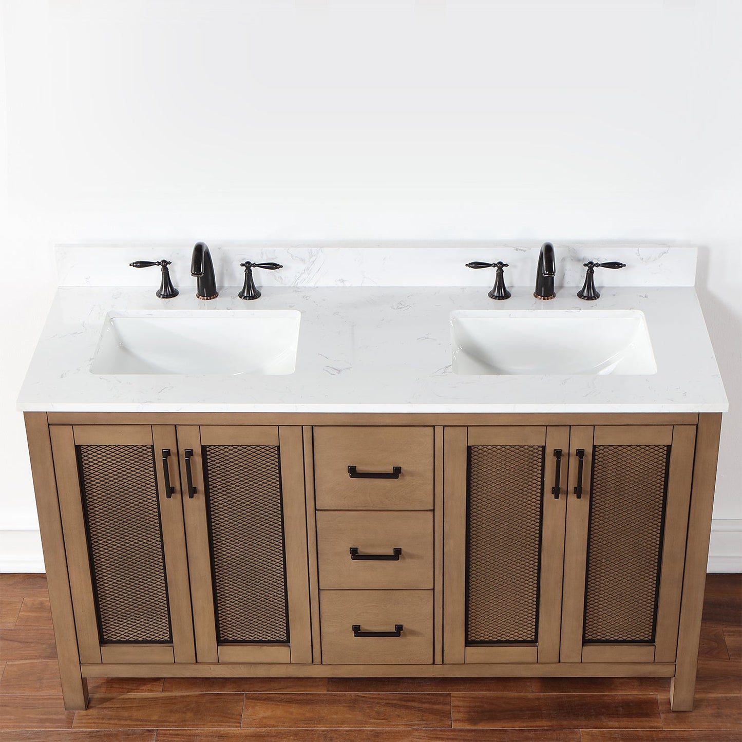 Hadiya 60" Double Bathroom Vanity Set in Brown Pine with Aosta White Engineered Stone Countertop without Mirror