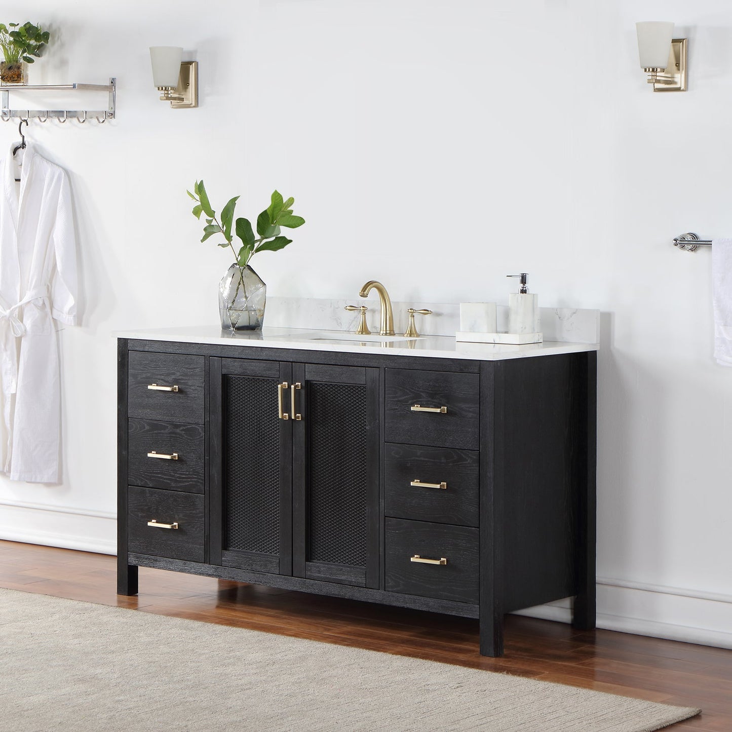 Hadiya 60" Single Bathroom Vanity Set in Black Oak with Aosta White Engineered Stone Countertop without Mirror