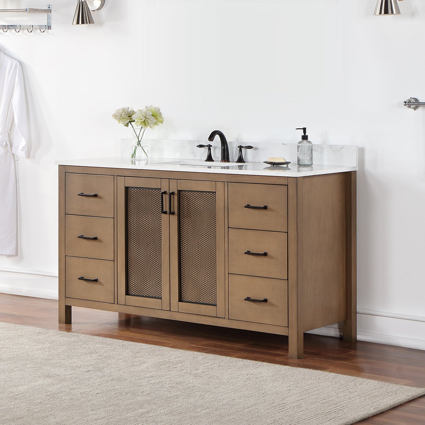 Hadiya 60" Single Bathroom Vanity Set in Brown Pine with Aosta White Engineered Stone Countertop without Mirror