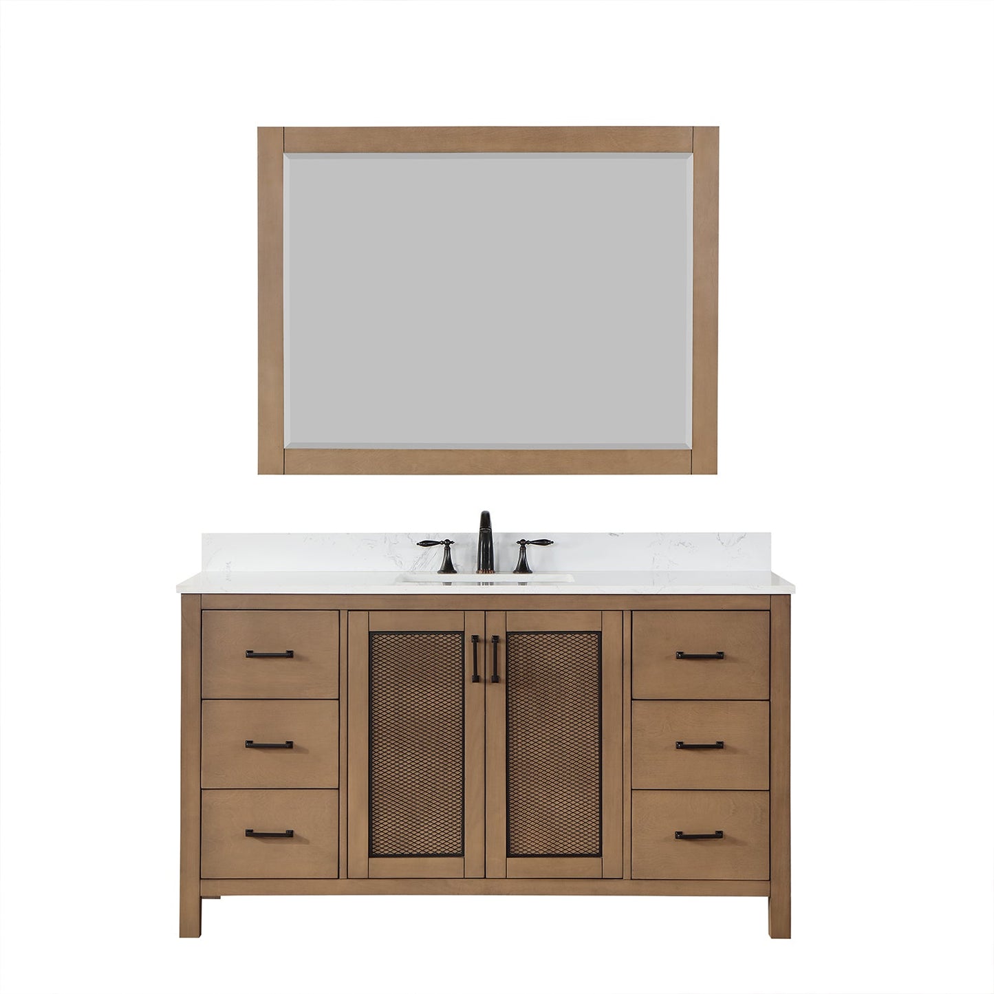 Hadiya 60" Single Bathroom Vanity Set in Brown Pine with Aosta White Engineered Stone Countertop with Mirror