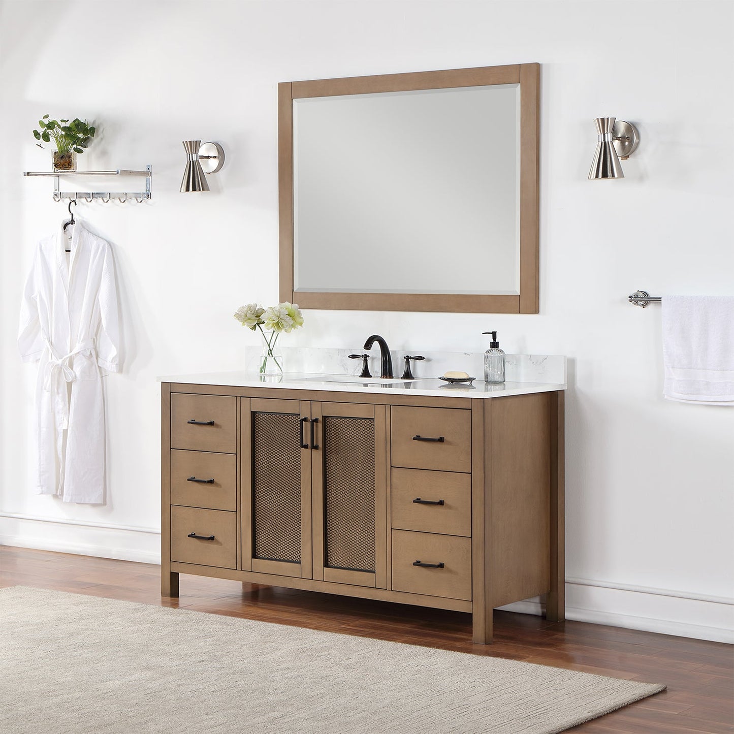 Hadiya 60" Single Bathroom Vanity Set in Brown Pine with Aosta White Engineered Stone Countertop with Mirror