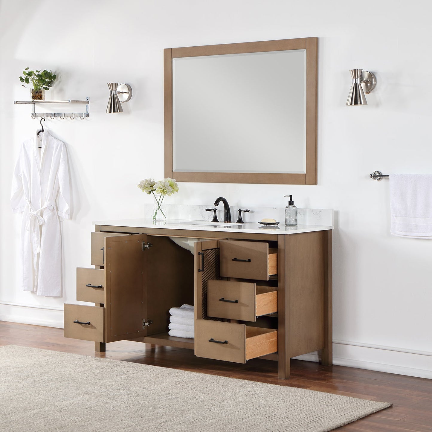 Hadiya 60" Single Bathroom Vanity Set in Brown Pine with Aosta White Engineered Stone Countertop with Mirror