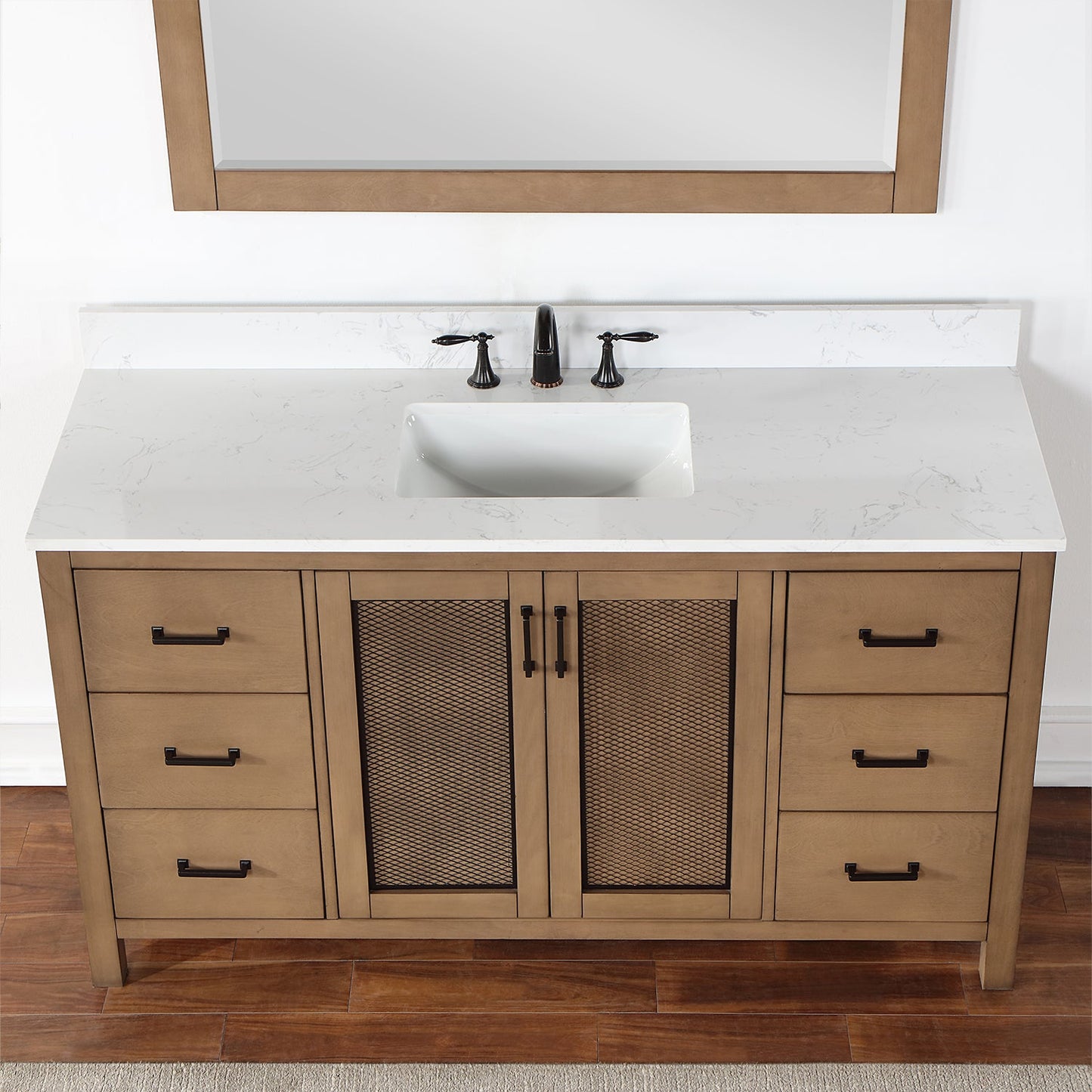 Hadiya 60" Single Bathroom Vanity Set in Brown Pine with Aosta White Engineered Stone Countertop with Mirror