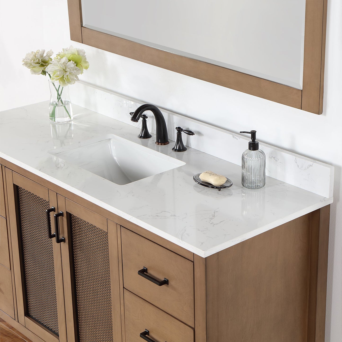 Hadiya 60" Single Bathroom Vanity Set in Brown Pine with Aosta White Engineered Stone Countertop with Mirror