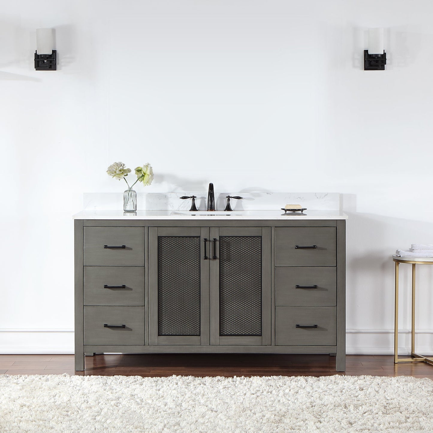 Hadiya 60" Single Bathroom Vanity Set in Gray Pine with Aosta White Engineered Stone Countertop without Mirror