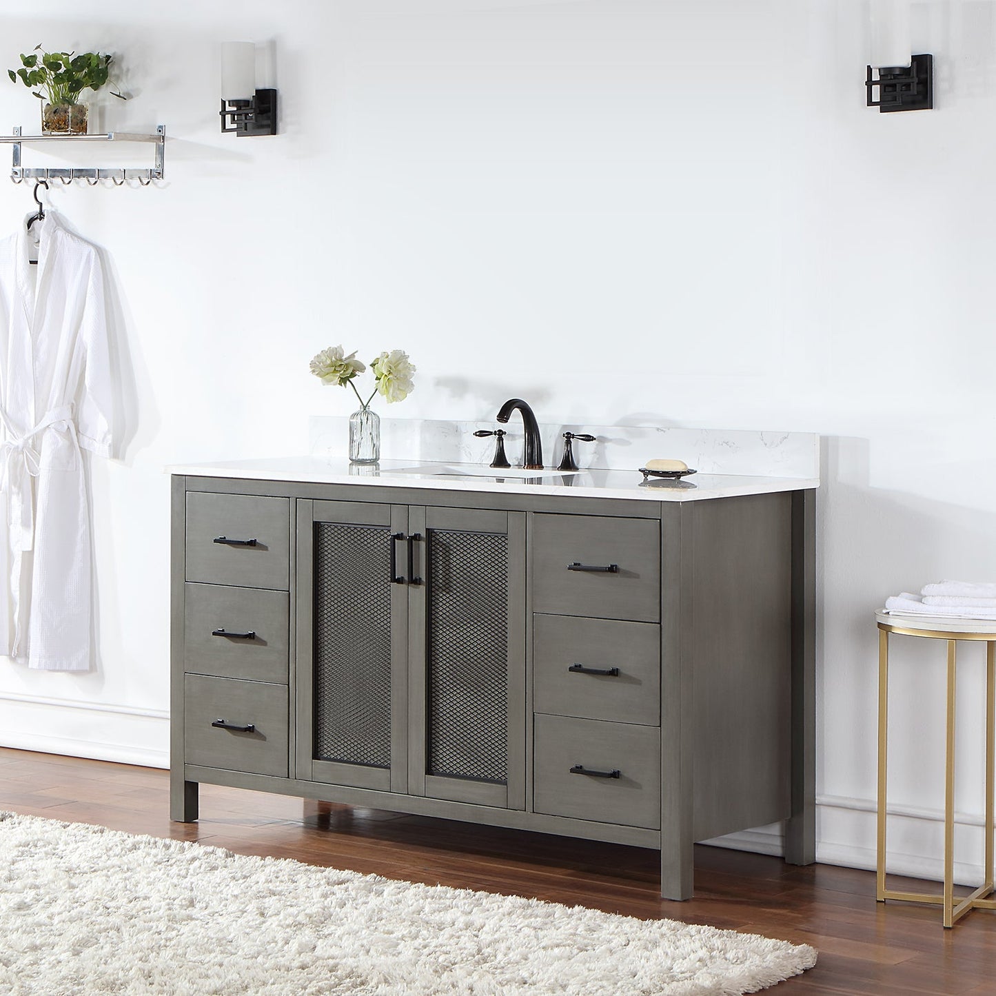 Hadiya 60" Single Bathroom Vanity Set in Gray Pine with Aosta White Engineered Stone Countertop without Mirror