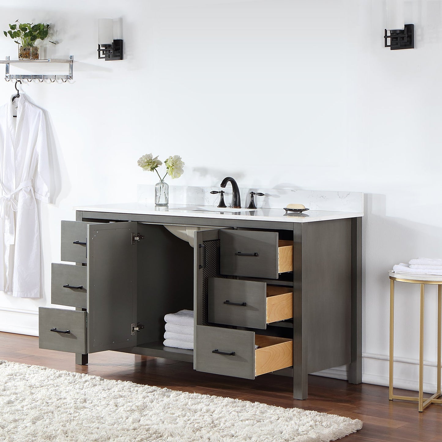 Hadiya 60" Single Bathroom Vanity Set in Gray Pine with Aosta White Engineered Stone Countertop without Mirror