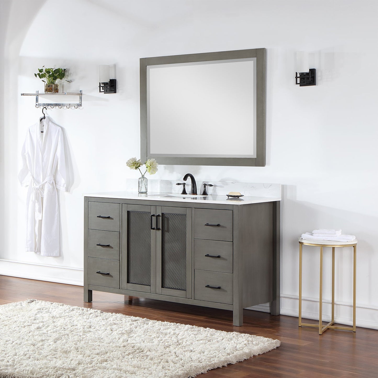 Hadiya 60" Single Bathroom Vanity Set in Gray Pine with Aosta White Engineered Stone Countertop with Mirror