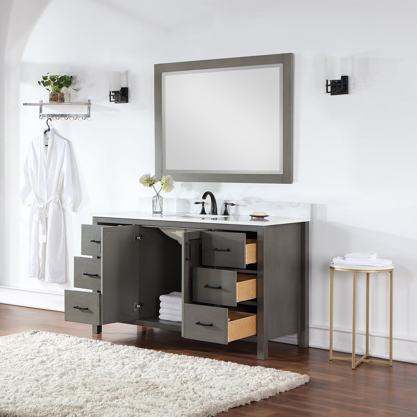 Hadiya 60" Single Bathroom Vanity Set in Gray Pine with Aosta White Engineered Stone Countertop with Mirror