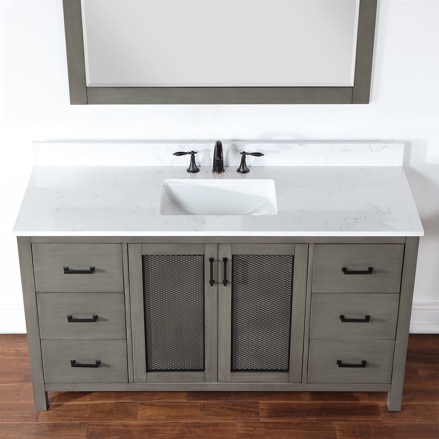 Hadiya 60" Single Bathroom Vanity Set in Gray Pine with Aosta White Engineered Stone Countertop with Mirror