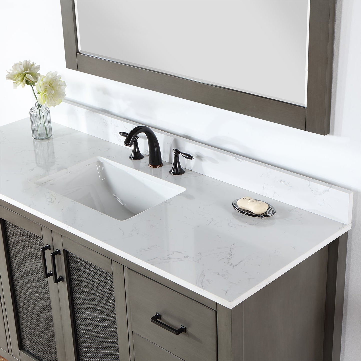 Hadiya 60" Single Bathroom Vanity Set in Gray Pine with Aosta White Engineered Stone Countertop with Mirror