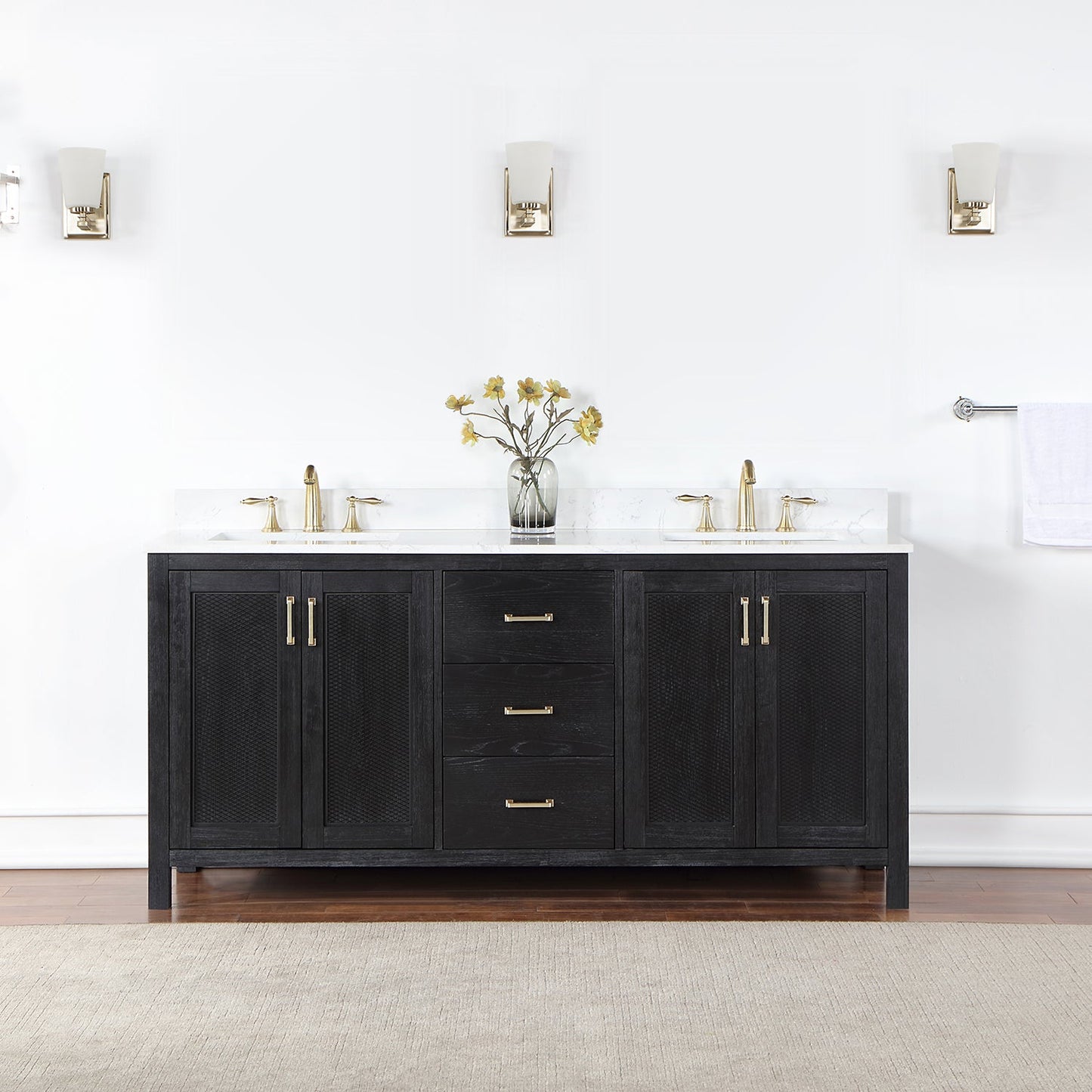 Hadiya 72" Double Bathroom Vanity Set in Black Oak with Aosta White Engineered Stone Countertop without Mirror