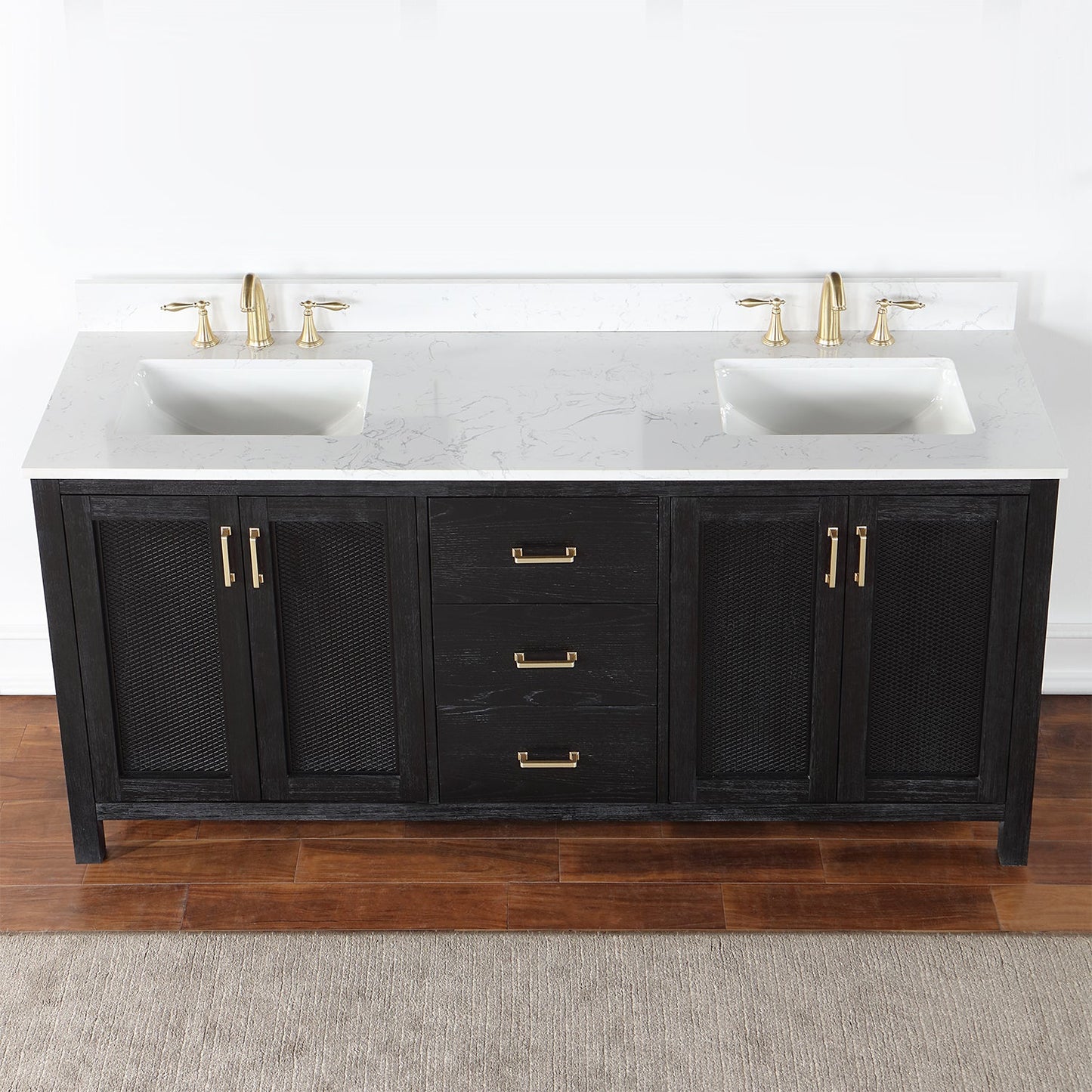 Hadiya 72" Double Bathroom Vanity Set in Black Oak with Aosta White Engineered Stone Countertop without Mirror