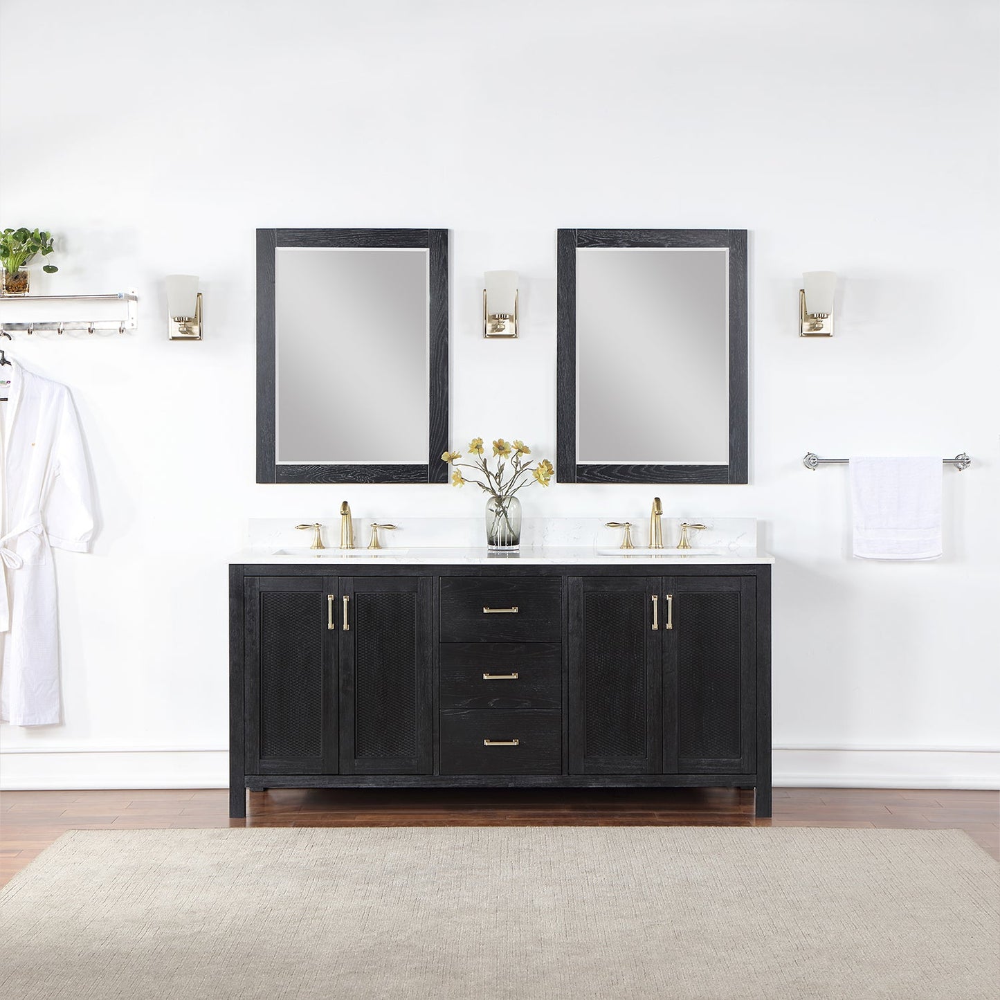 Hadiya 72" Double Bathroom Vanity Set in Black Oak with Aosta White Engineered Stone Countertop with Mirror