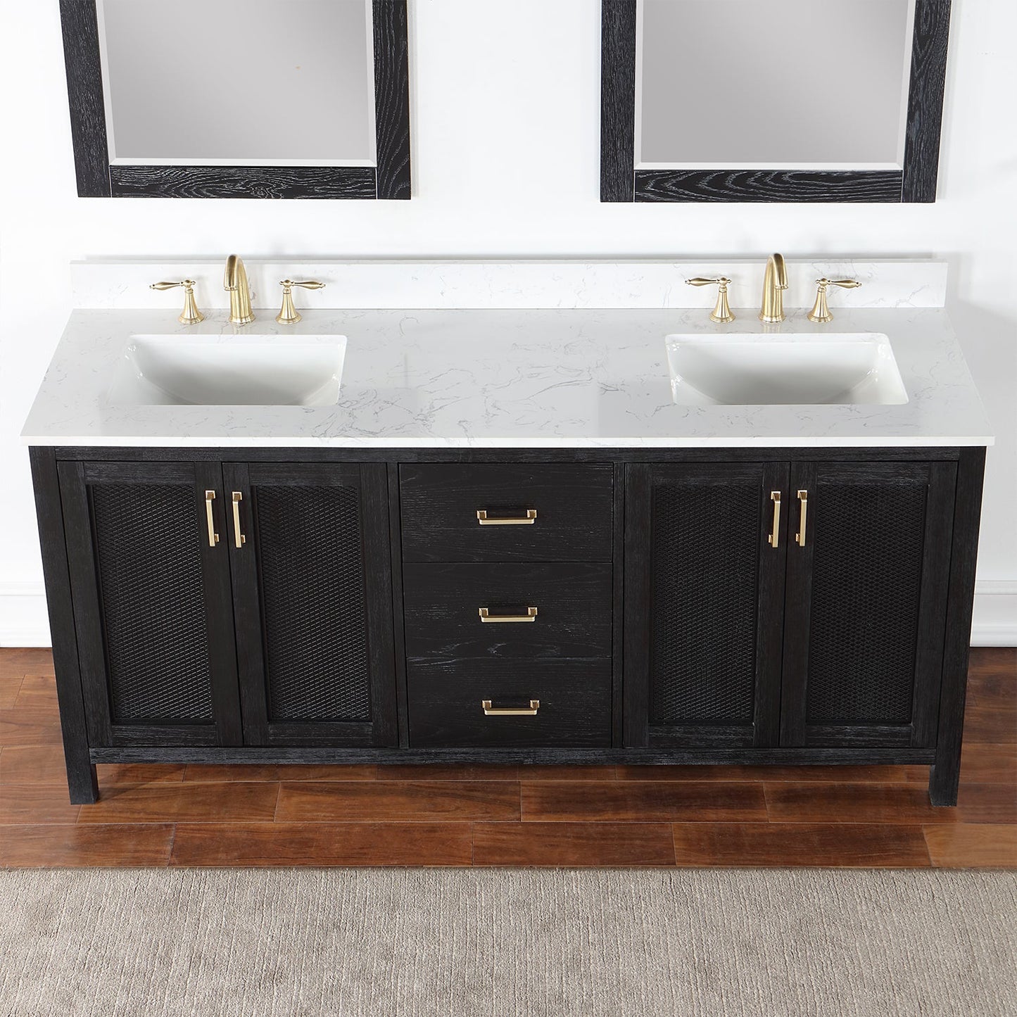 Hadiya 72" Double Bathroom Vanity Set in Black Oak with Aosta White Engineered Stone Countertop with Mirror