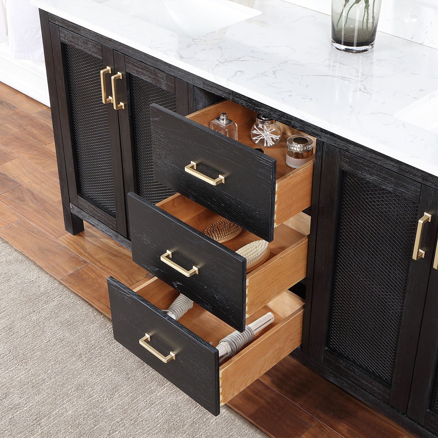 Hadiya 72" Double Bathroom Vanity Set in Black Oak with Aosta White Engineered Stone Countertop with Mirror