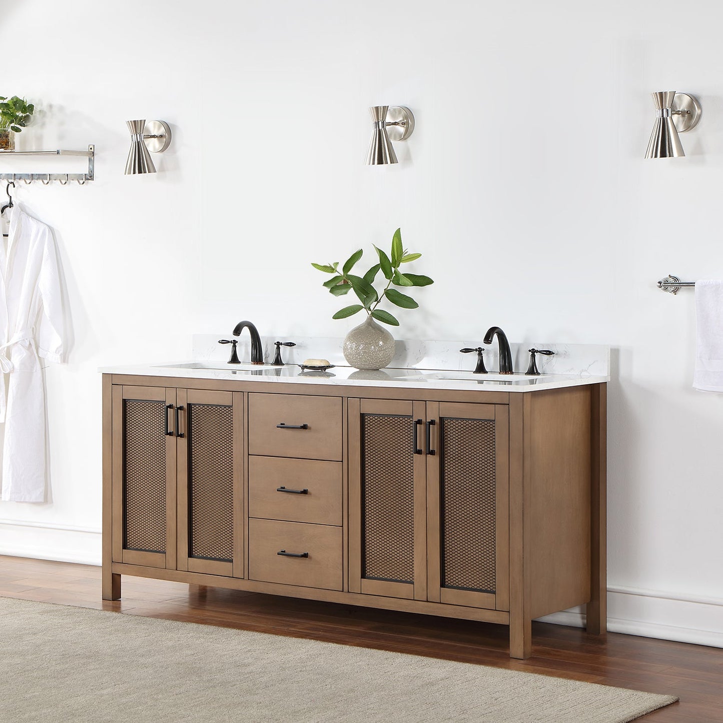 Hadiya 72" Double Bathroom Vanity Set in Brown Pine with Aosta White Engineered Stone Countertop without Mirror