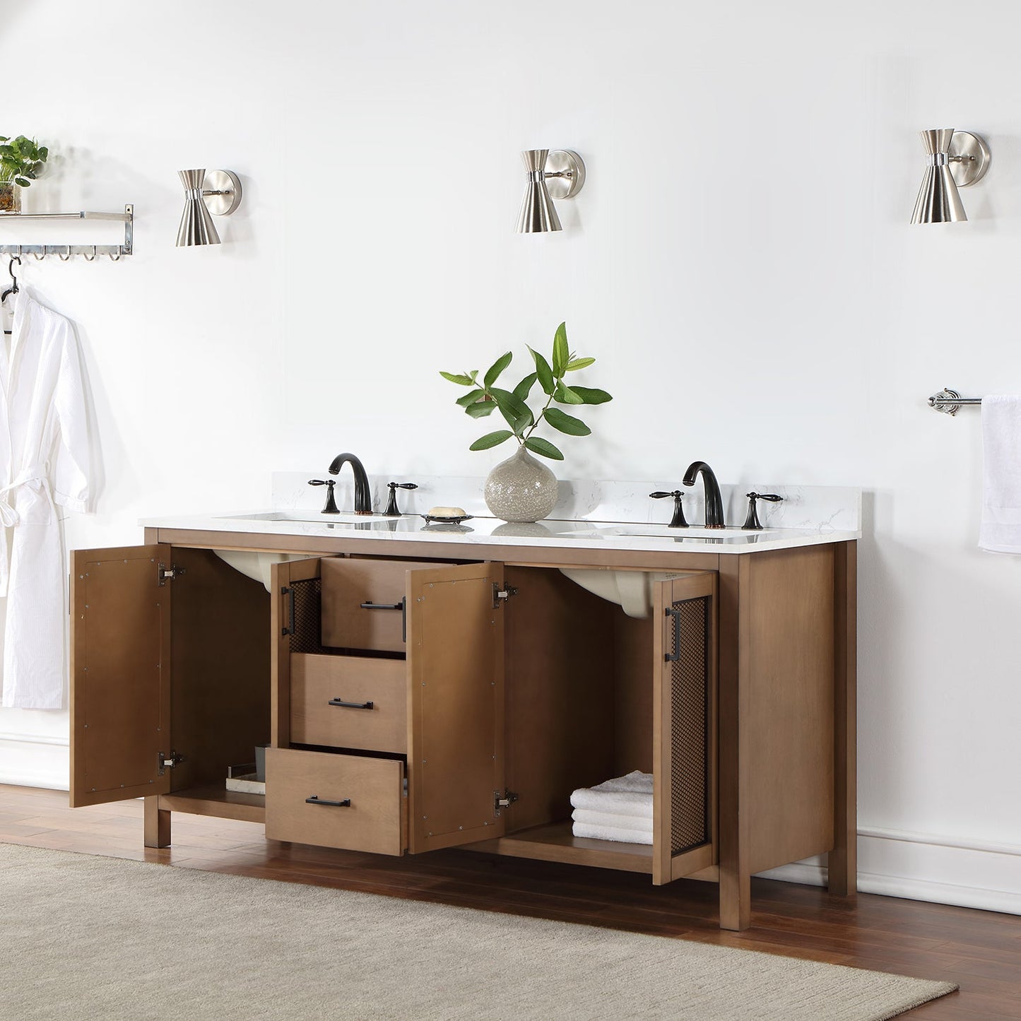 Hadiya 72" Double Bathroom Vanity Set in Brown Pine with Aosta White Engineered Stone Countertop without Mirror