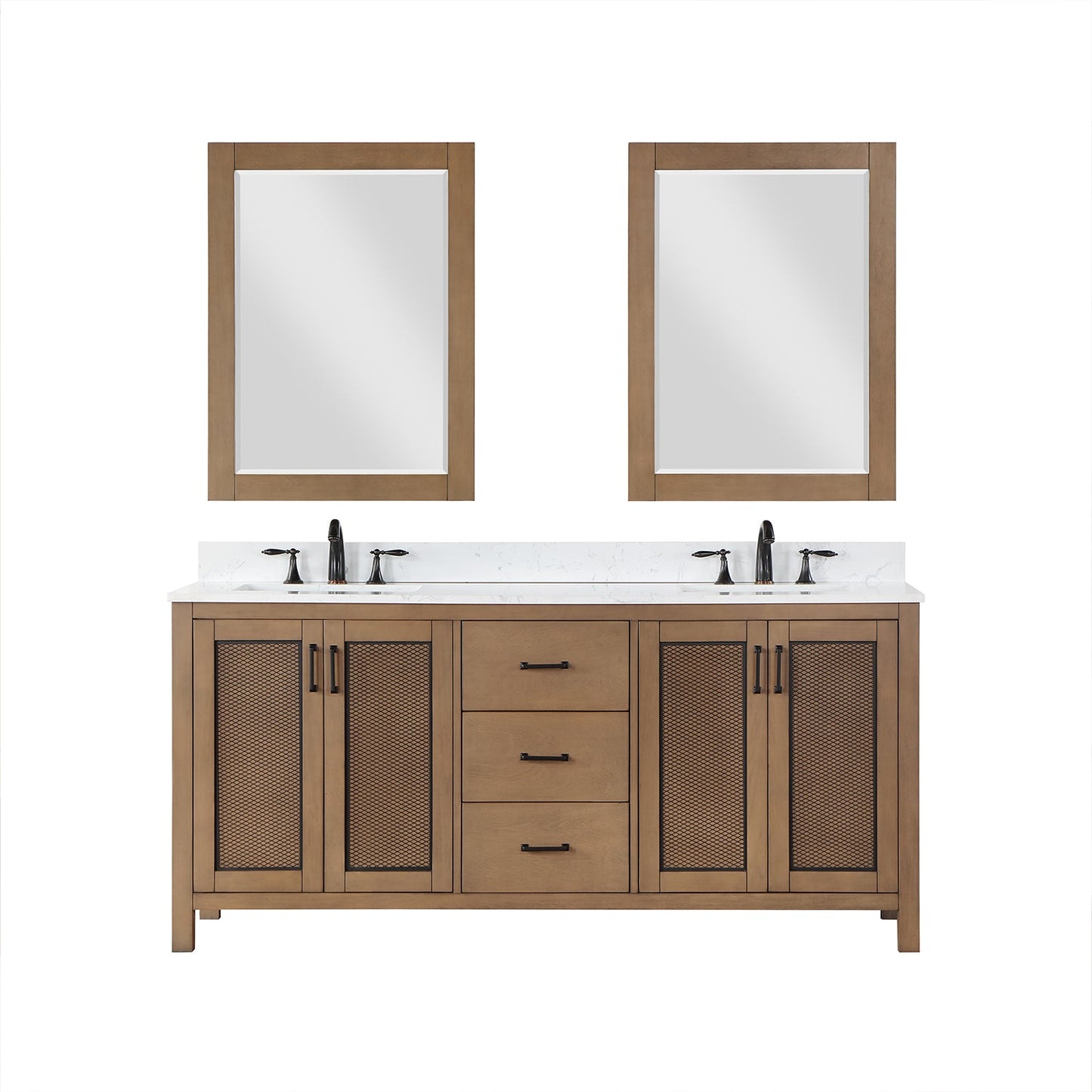 Hadiya 72" Double Bathroom Vanity Set in Brown Pine with Aosta White Engineered Stone Countertop with Mirror