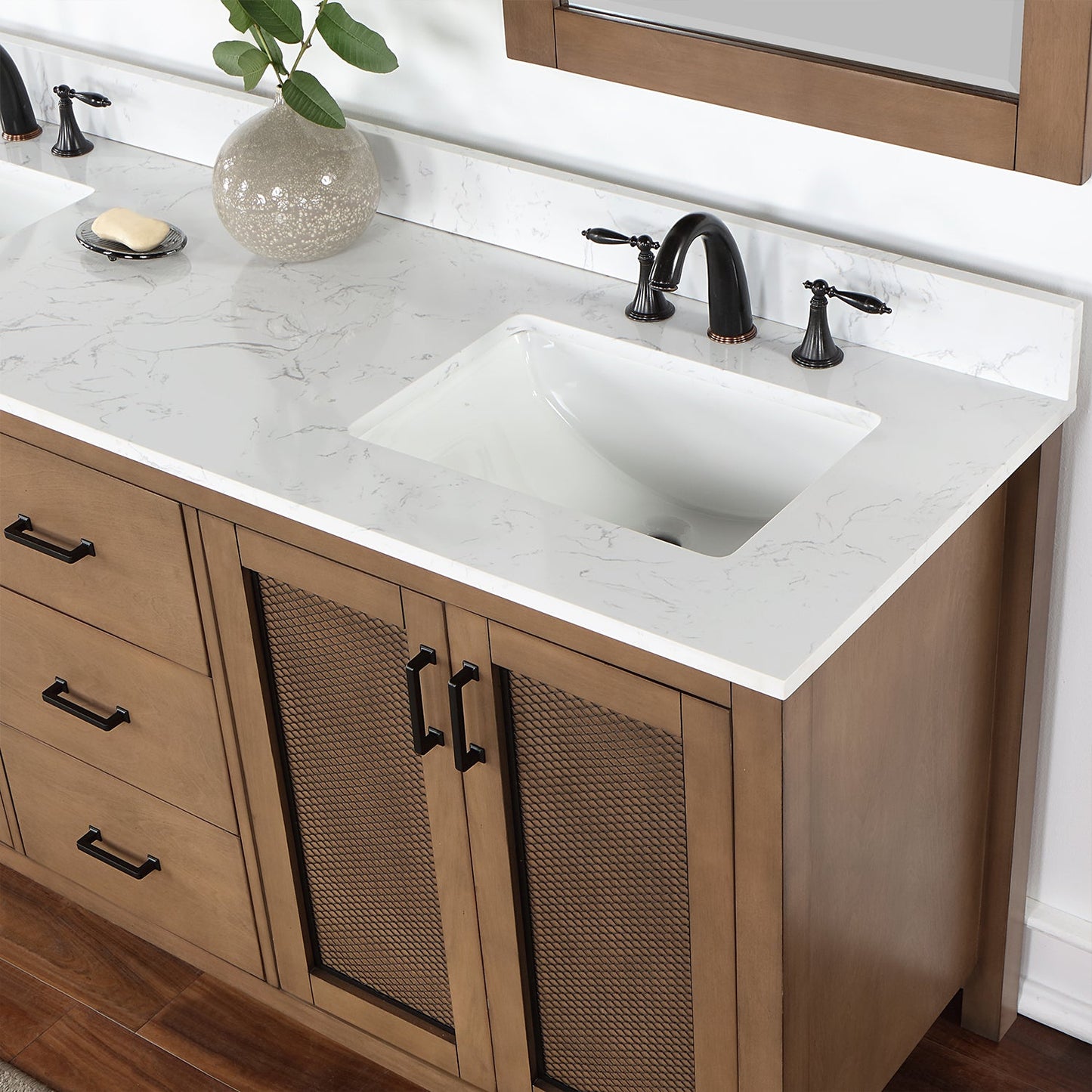 Hadiya 72" Double Bathroom Vanity Set in Brown Pine with Aosta White Engineered Stone Countertop with Mirror