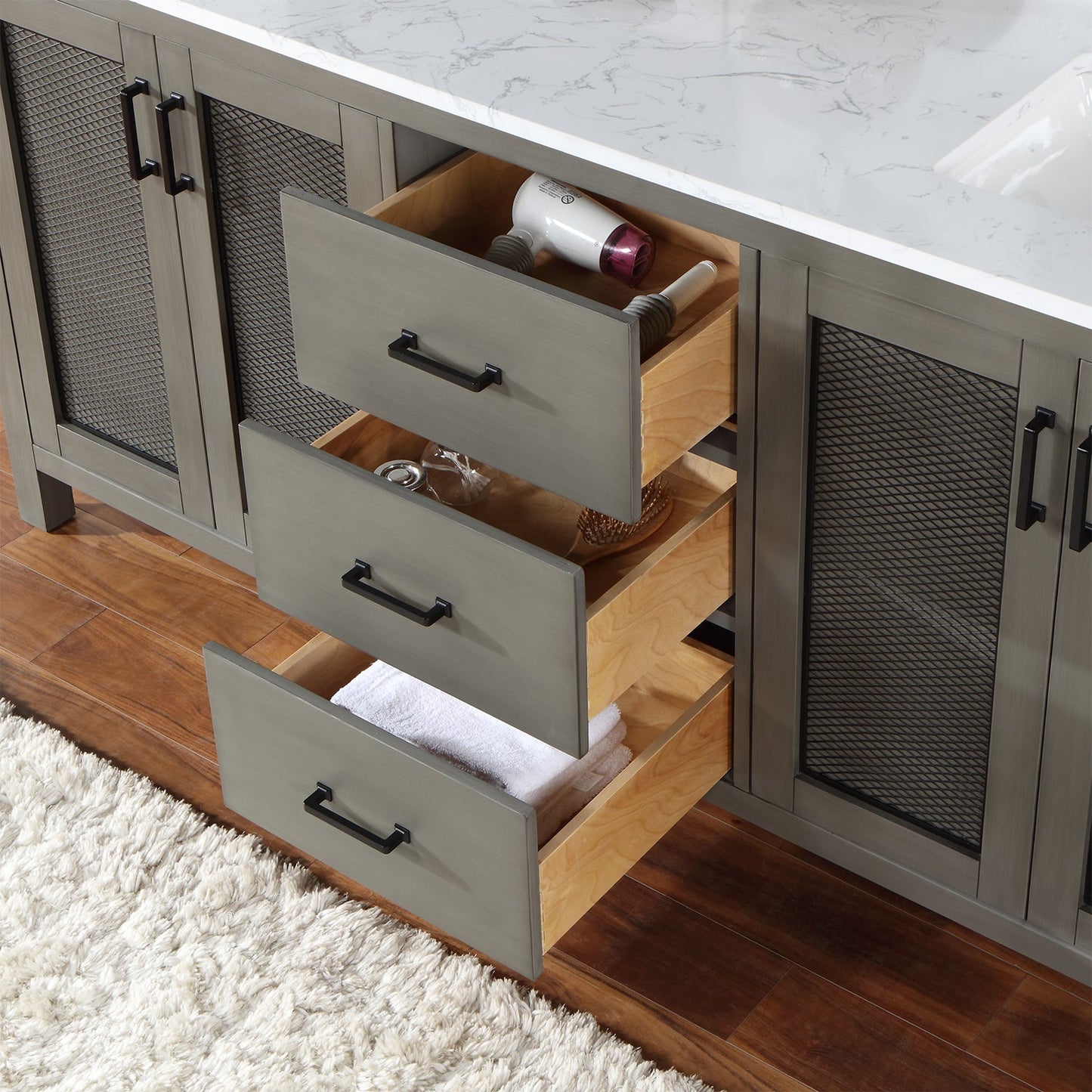 Hadiya 72" Double Bathroom Vanity Set in Gray Pine with Aosta White Engineered Stone Countertop without Mirror