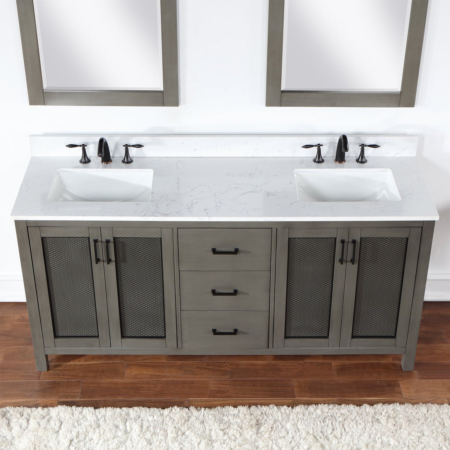 Hadiya 72" Double Bathroom Vanity Set in Gray Pine with Aosta White Engineered Stone Countertop with Mirror