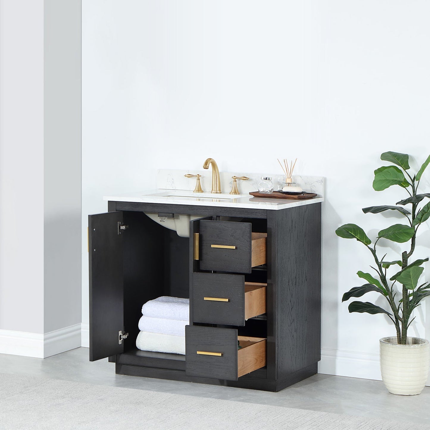 Gazsi 36" Single Bathroom Vanity Set in Brown Oak with Grain White Engineered Stone Countertop without Mirror