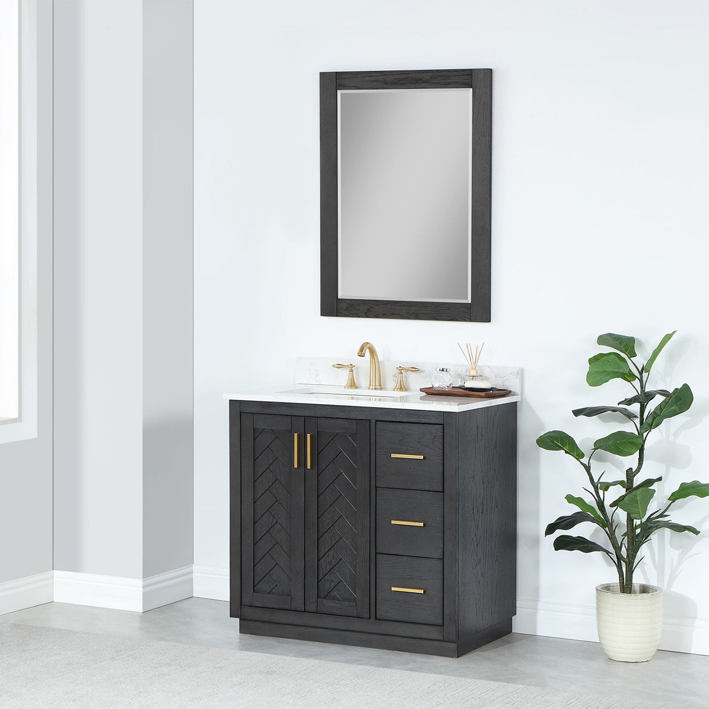 Gazsi 36" Single Bathroom Vanity Set in Brown Oak with Grain White Engineered Stone Countertop with Mirror