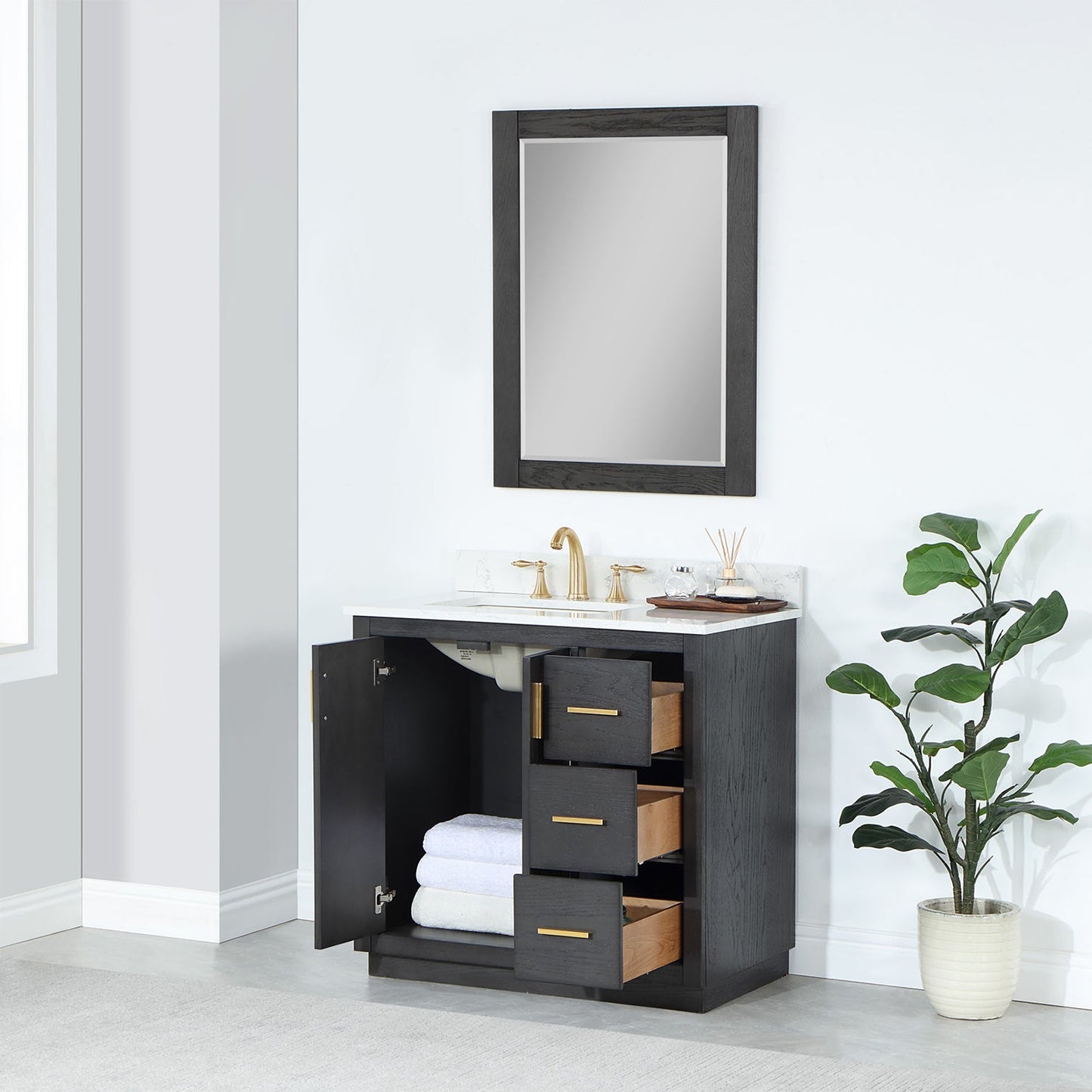 Gazsi 36" Single Bathroom Vanity Set in Brown Oak with Grain White Engineered Stone Countertop with Mirror