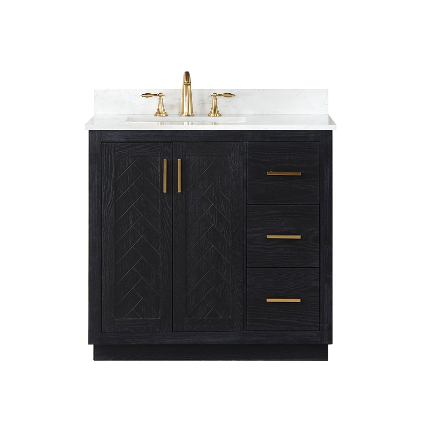 Gazsi 36" Single Bathroom Vanity Set in Black Oak with Grain White Engineered Stone Countertop without Mirror