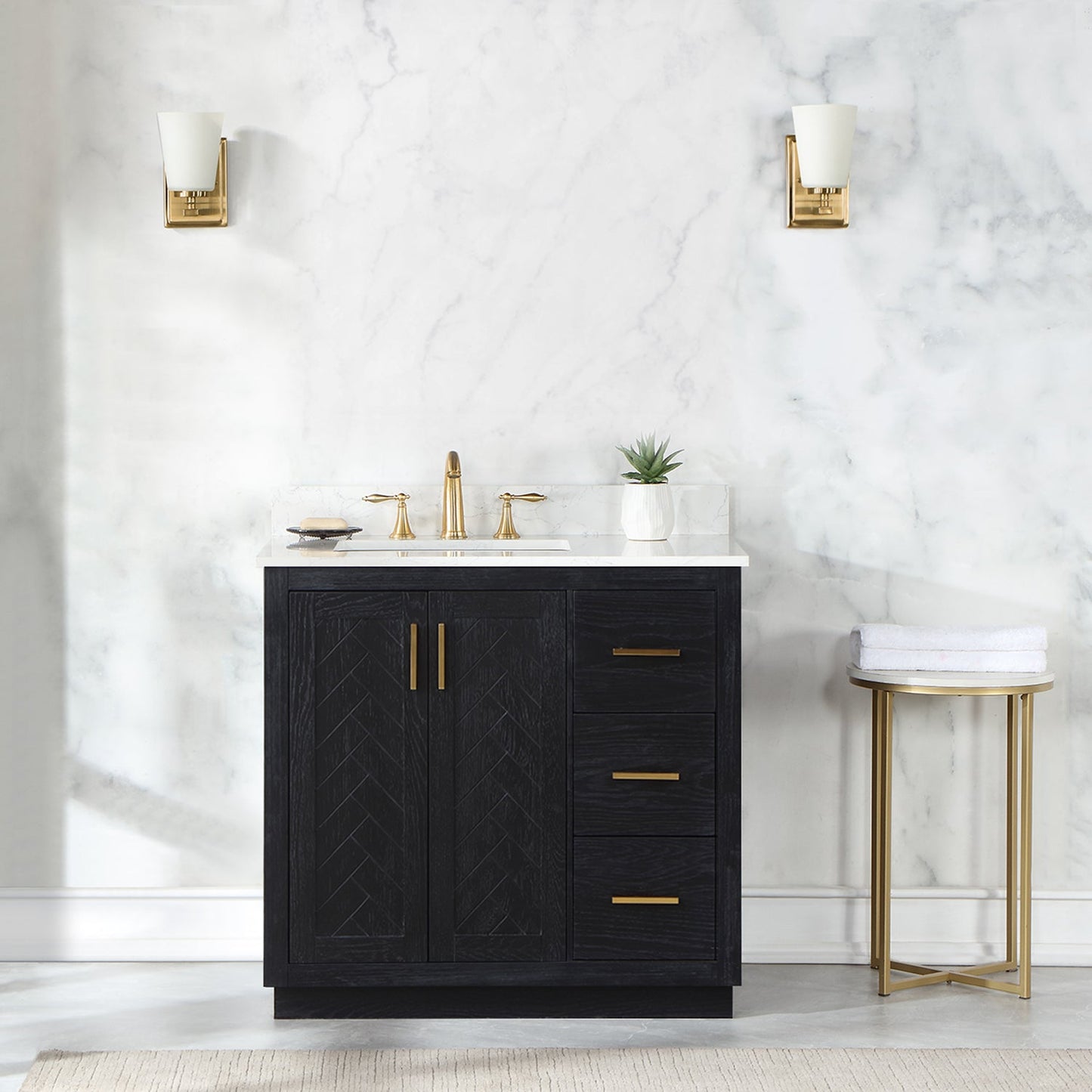 Gazsi 36" Single Bathroom Vanity Set in Black Oak with Grain White Engineered Stone Countertop without Mirror