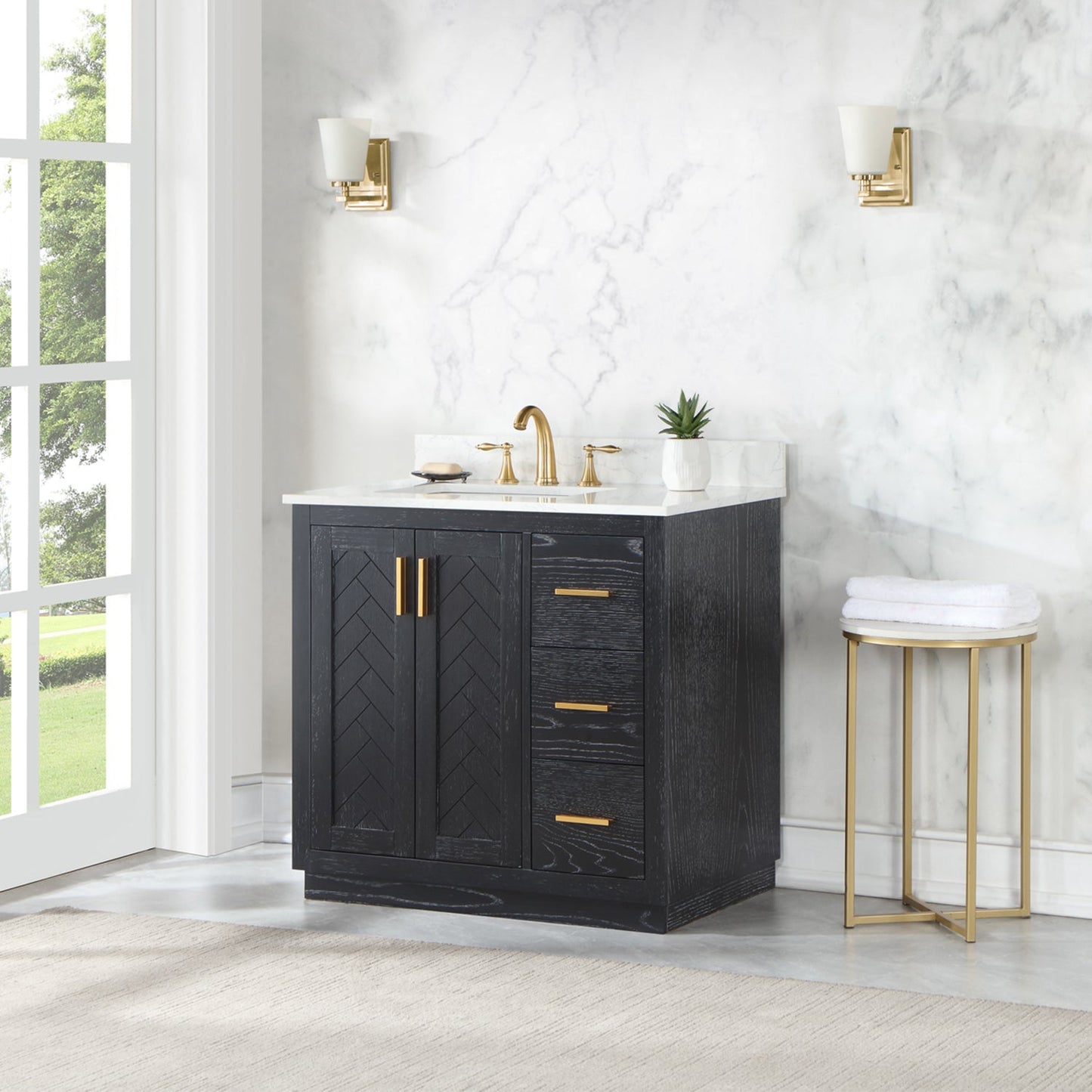 Gazsi 36" Single Bathroom Vanity Set in Black Oak with Grain White Engineered Stone Countertop without Mirror