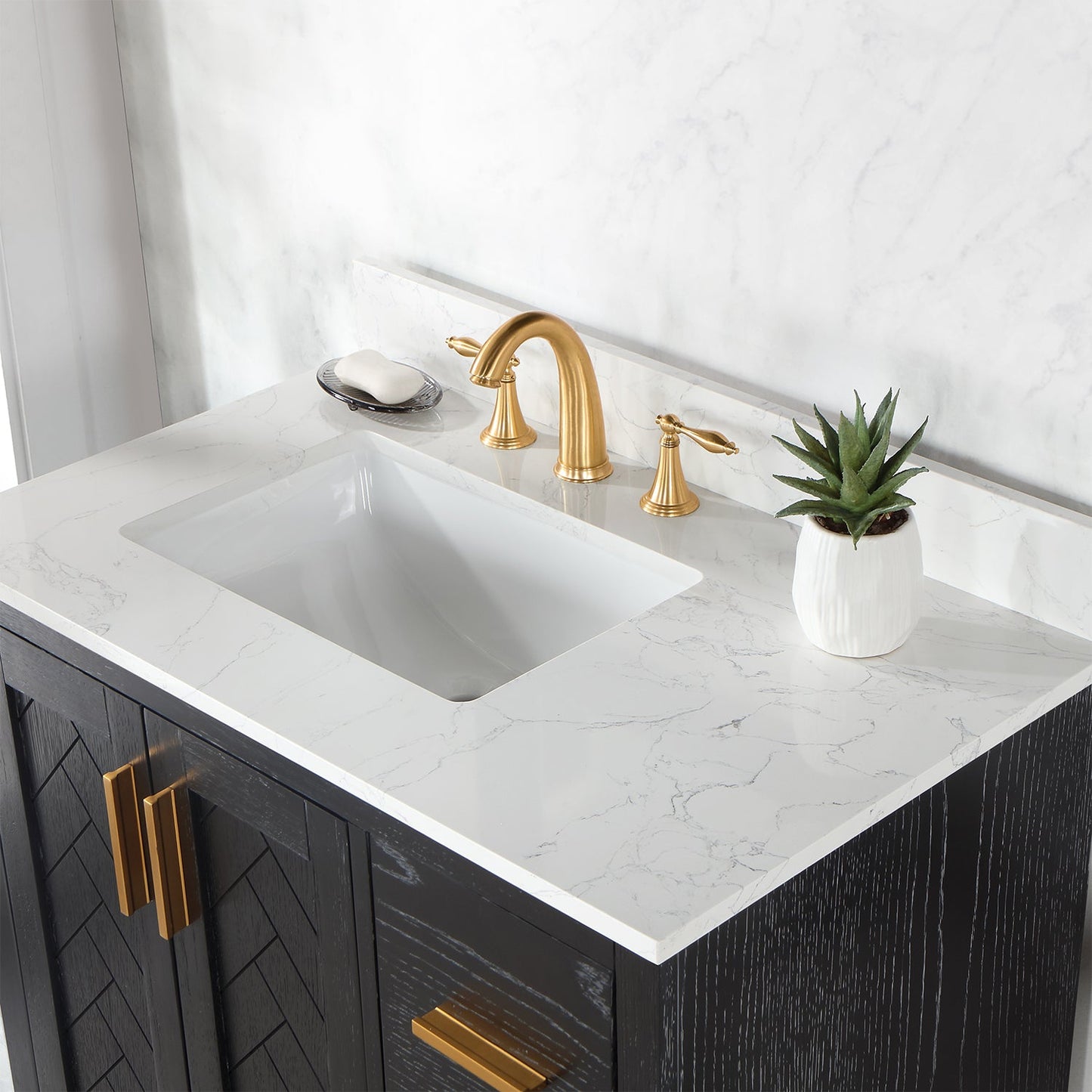 Gazsi 36" Single Bathroom Vanity Set in Black Oak with Grain White Engineered Stone Countertop without Mirror
