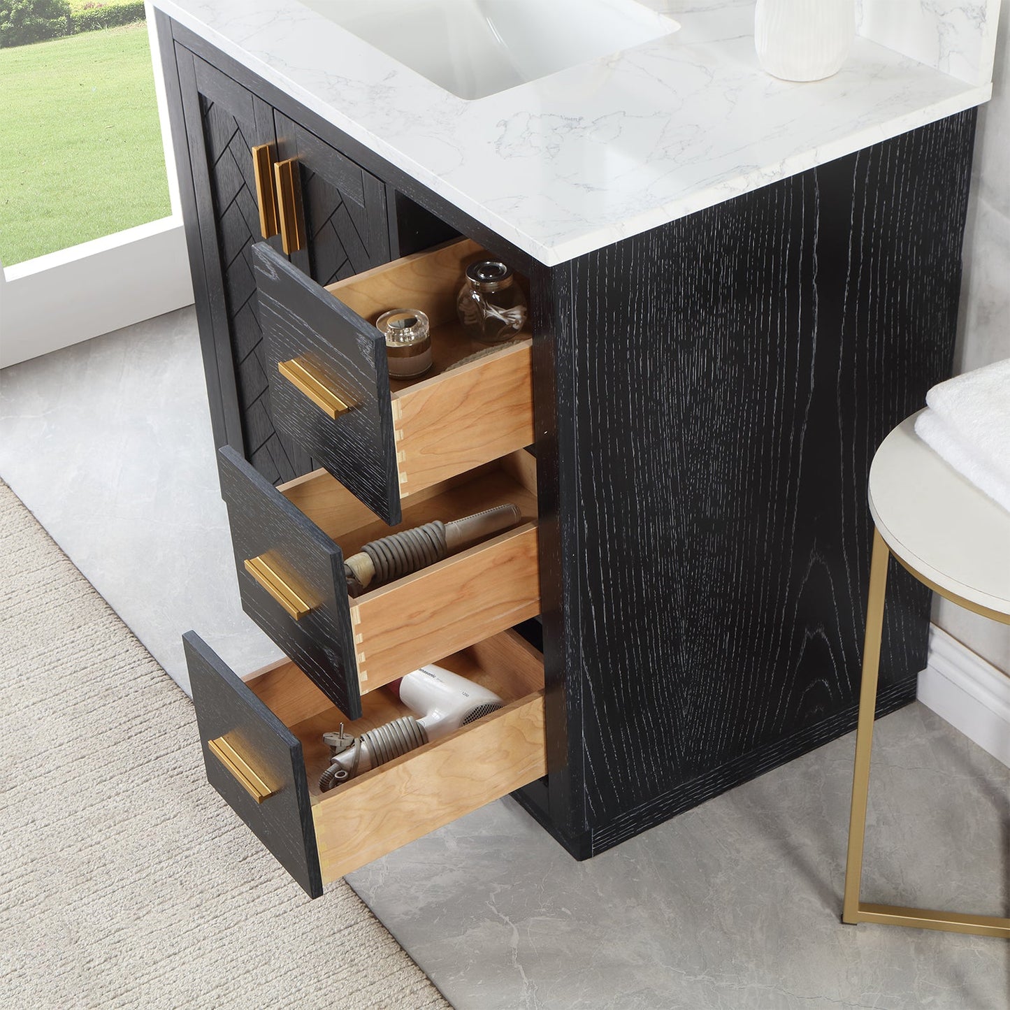Gazsi 36" Single Bathroom Vanity Set in Black Oak with Grain White Engineered Stone Countertop without Mirror