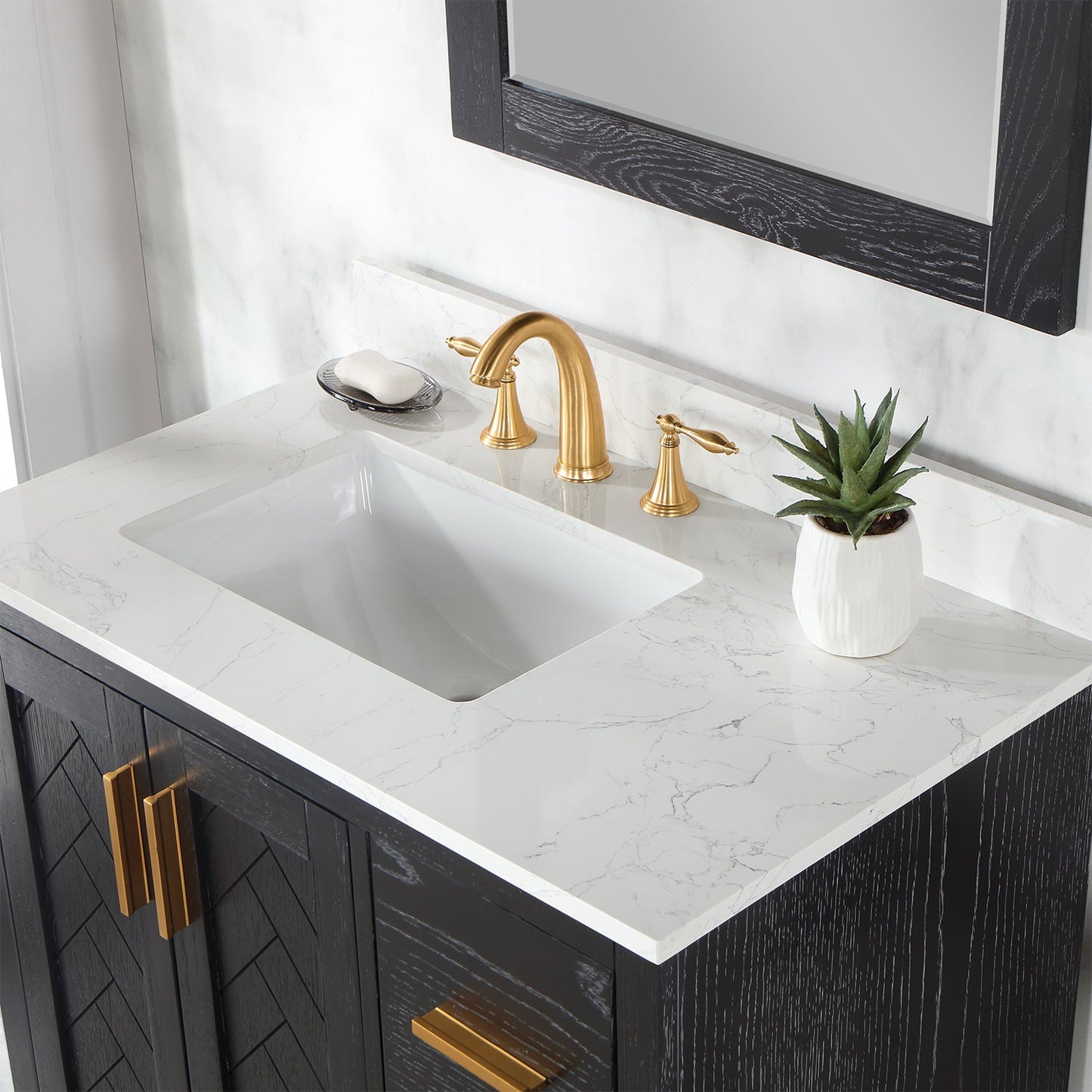 Gazsi 36" Single Bathroom Vanity Set in Black Oak with Grain White Engineered Stone Countertop with Mirror