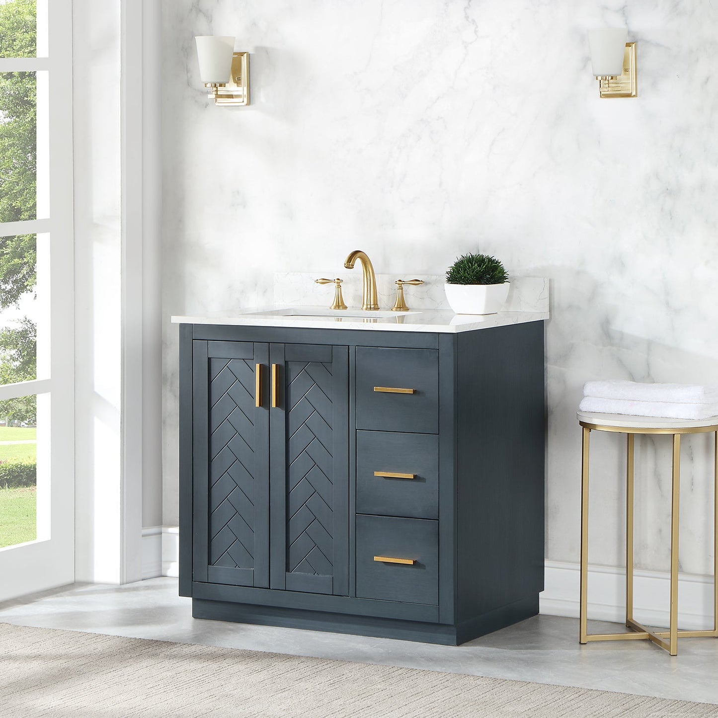 Gazsi 36" Single Bathroom Vanity Set in Classic Blue with Grain White Engineered Stone Countertop without Mirror