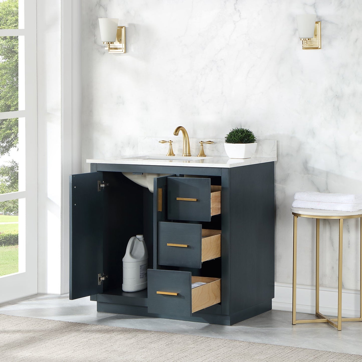 Gazsi 36" Single Bathroom Vanity Set in Classic Blue with Grain White Engineered Stone Countertop without Mirror
