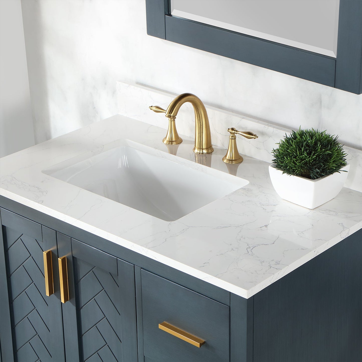 Gazsi 36" Single Bathroom Vanity Set in Classic Blue with Grain White Engineered Stone Countertop with Mirror