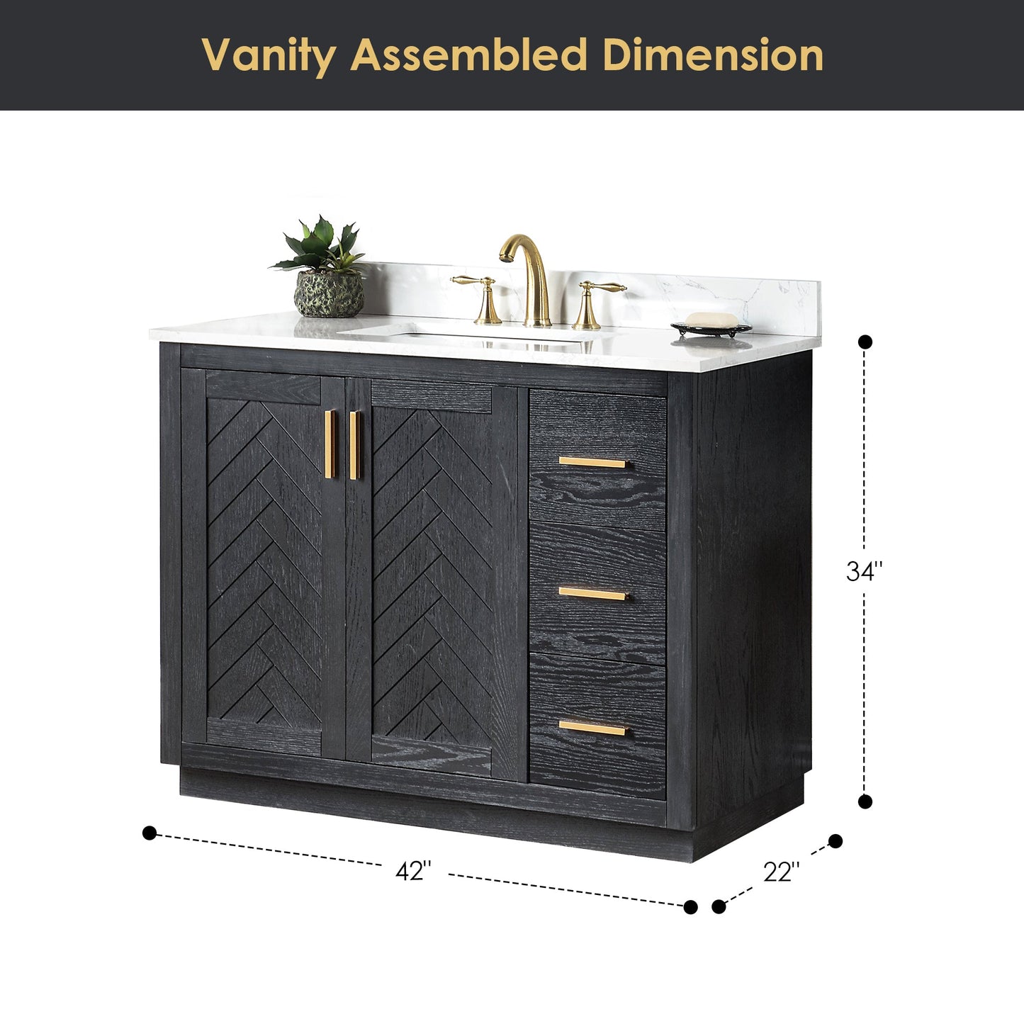 Gazsi 42" Single Bathroom Vanity Set in Black Oak with Grain White Engineered Stone Countertop without Mirror