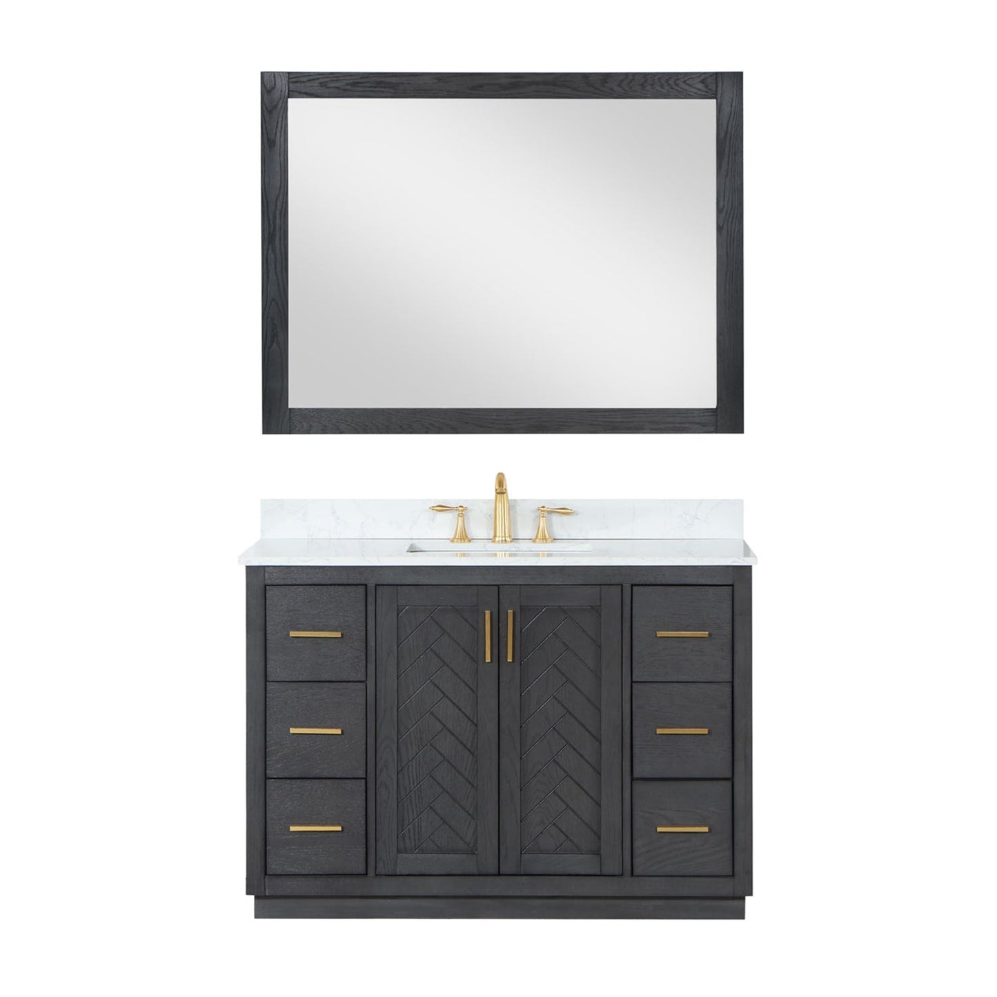 Gazsi 48" Single Bathroom Vanity Set in Brown Oak with Grain White Engineered Stone Countertop with Mirror
