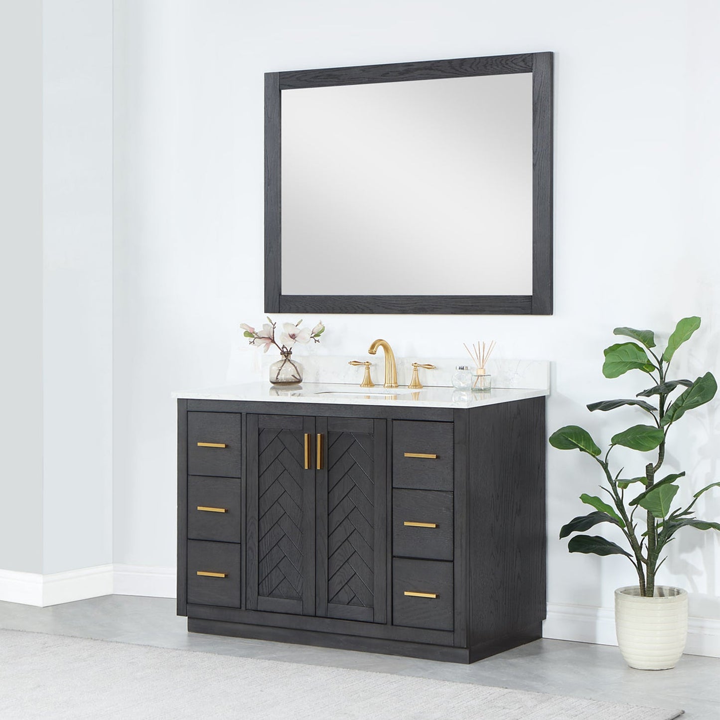 Gazsi 48" Single Bathroom Vanity Set in Brown Oak with Grain White Engineered Stone Countertop with Mirror