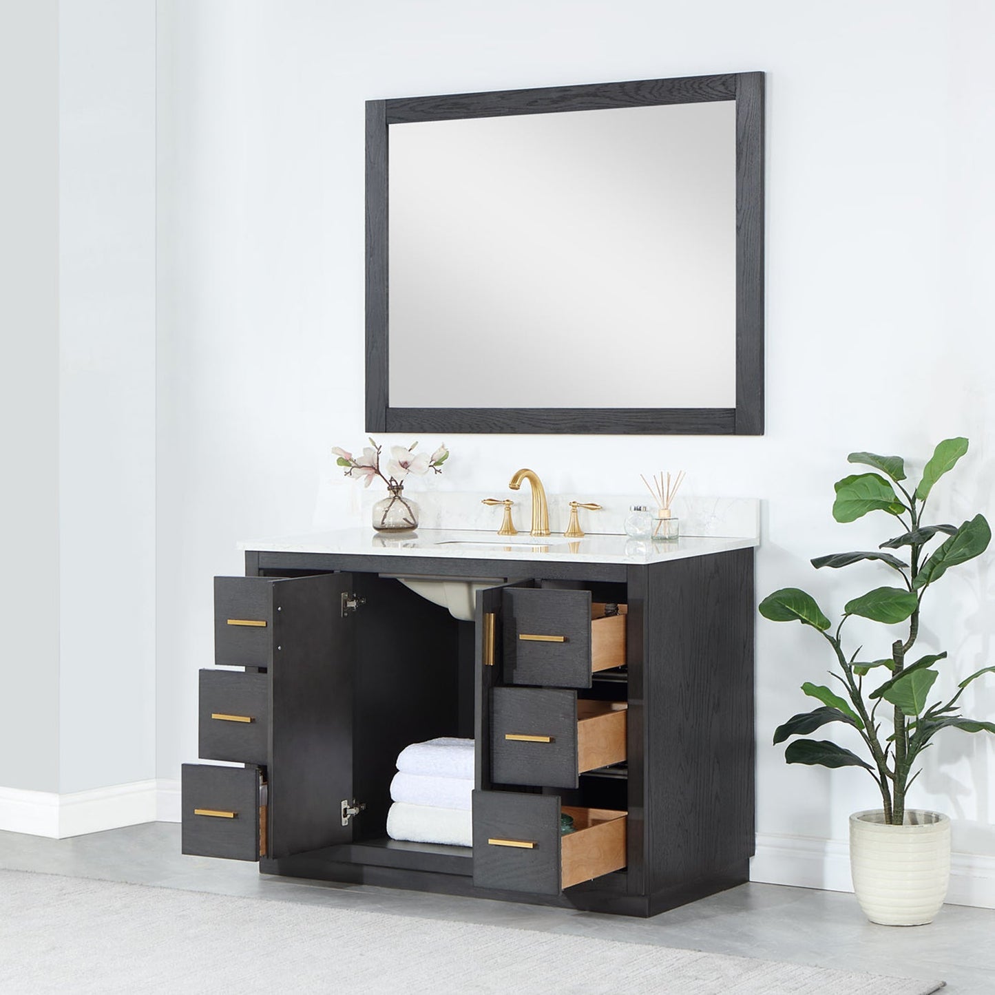 Gazsi 48" Single Bathroom Vanity Set in Brown Oak with Grain White Engineered Stone Countertop with Mirror