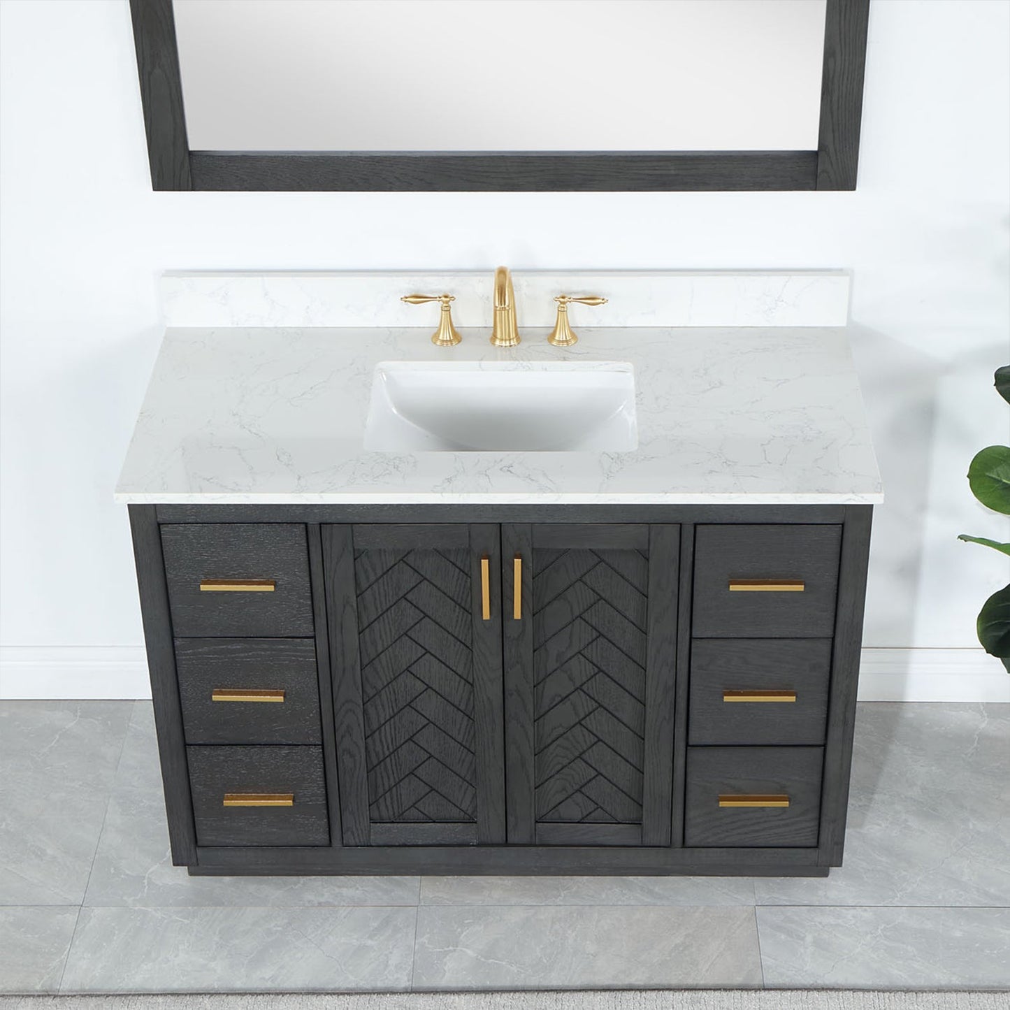 Gazsi 48" Single Bathroom Vanity Set in Brown Oak with Grain White Engineered Stone Countertop with Mirror