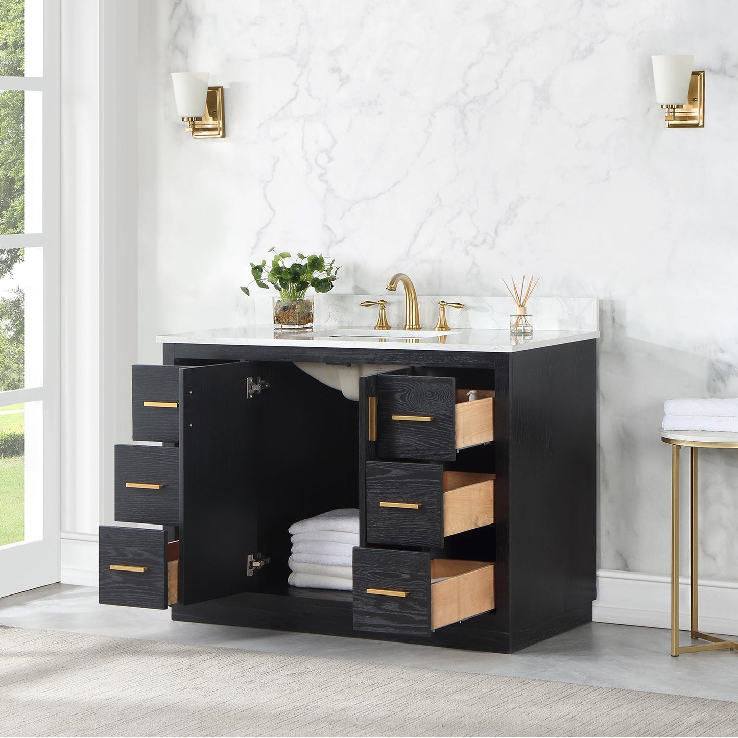 Gazsi 48" Single Bathroom Vanity Set in Black Oak with Grain White Engineered Stone Countertop without Mirror