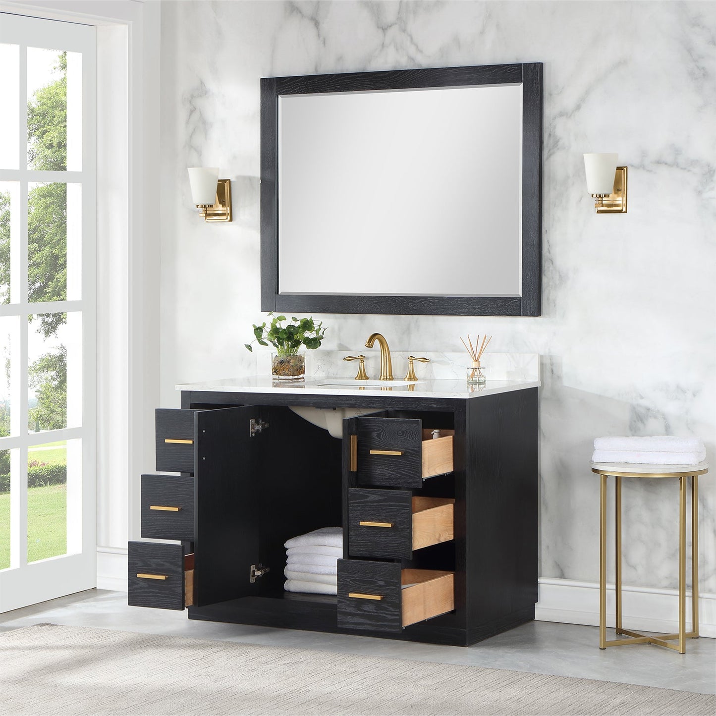 Gazsi 48" Single Bathroom Vanity Set in Black Oak with Grain White Engineered Stone Countertop with Mirror