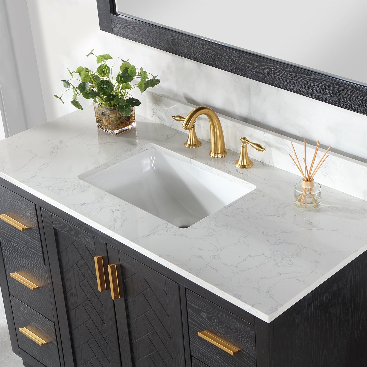 Gazsi 48" Single Bathroom Vanity Set in Black Oak with Grain White Engineered Stone Countertop with Mirror