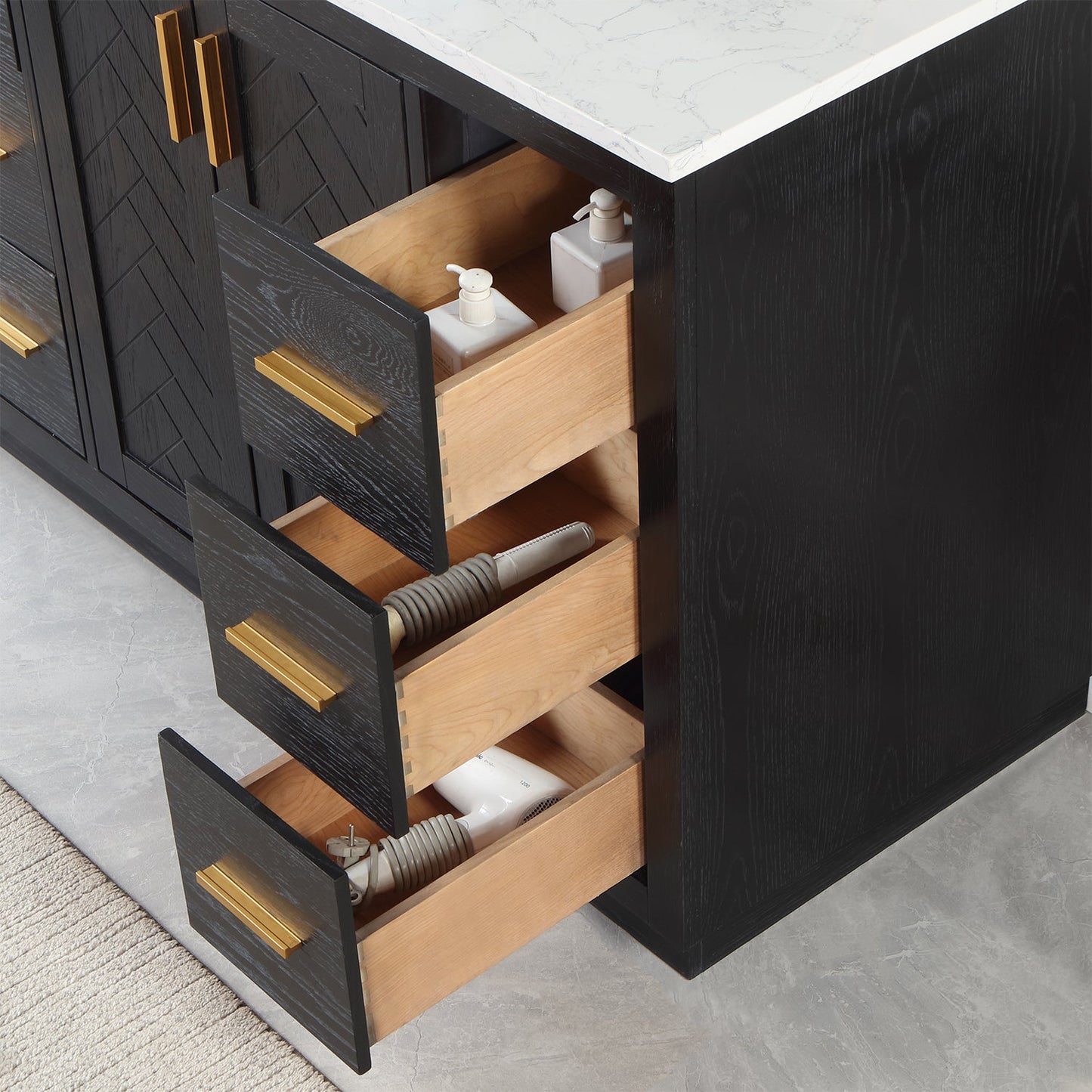 Gazsi 48" Single Bathroom Vanity Set in Black Oak with Grain White Engineered Stone Countertop with Mirror