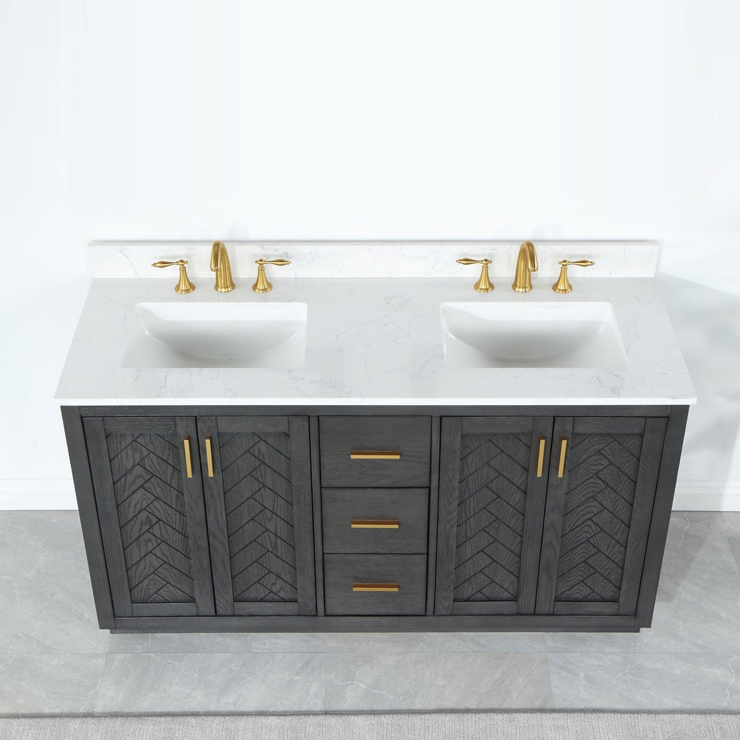Gazsi 60" Double Bathroom Vanity Set in Brown Oak with Grain White Engineered Stone Countertop without Mirror